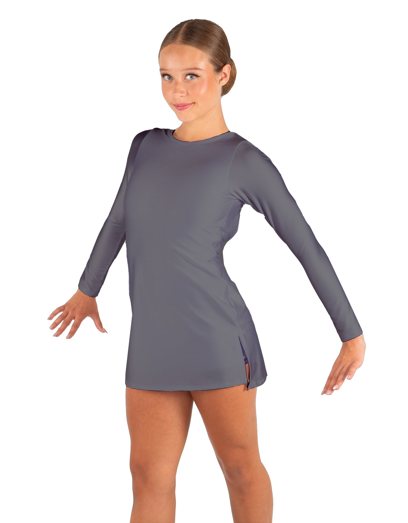 Solid Lycra LS Round Neck Dress with Open Back and Side Slits w/attached shorts