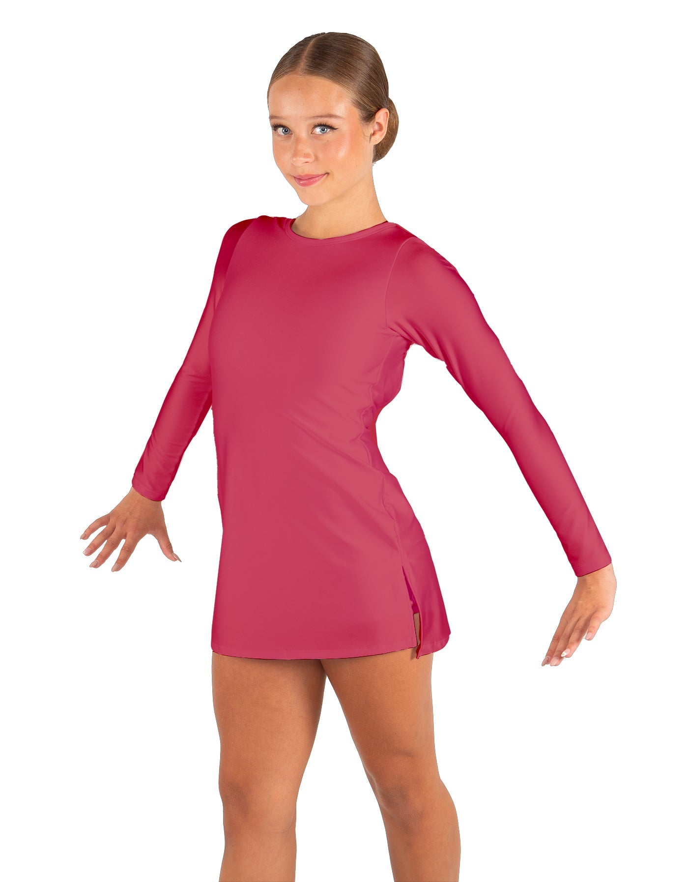 Solid Lycra LS Round Neck Dress with Open Back and Side Slits w/attached shorts