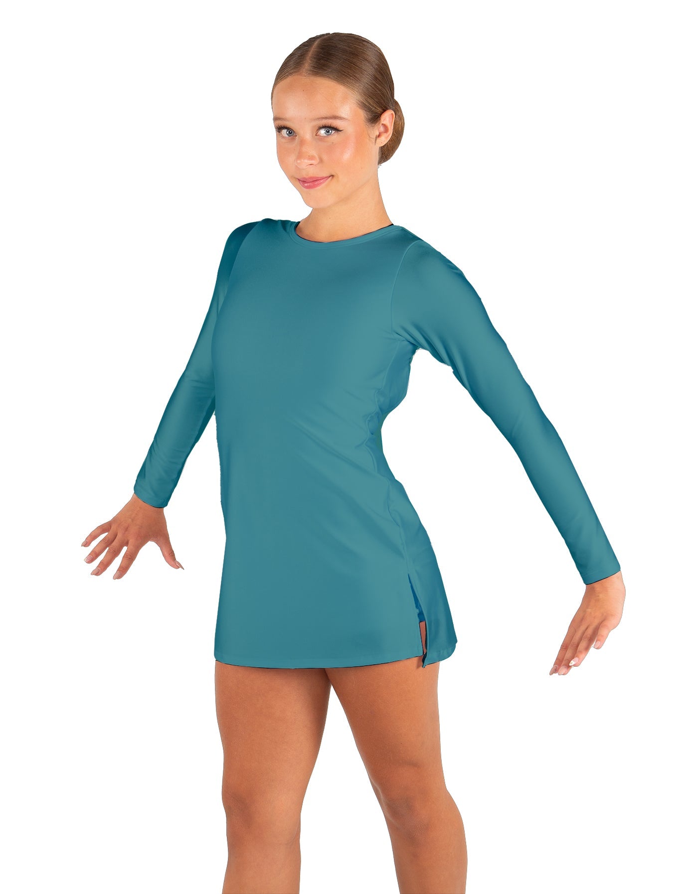 Solid Lycra LS Round Neck Dress with Open Back and Side Slits w/attached shorts