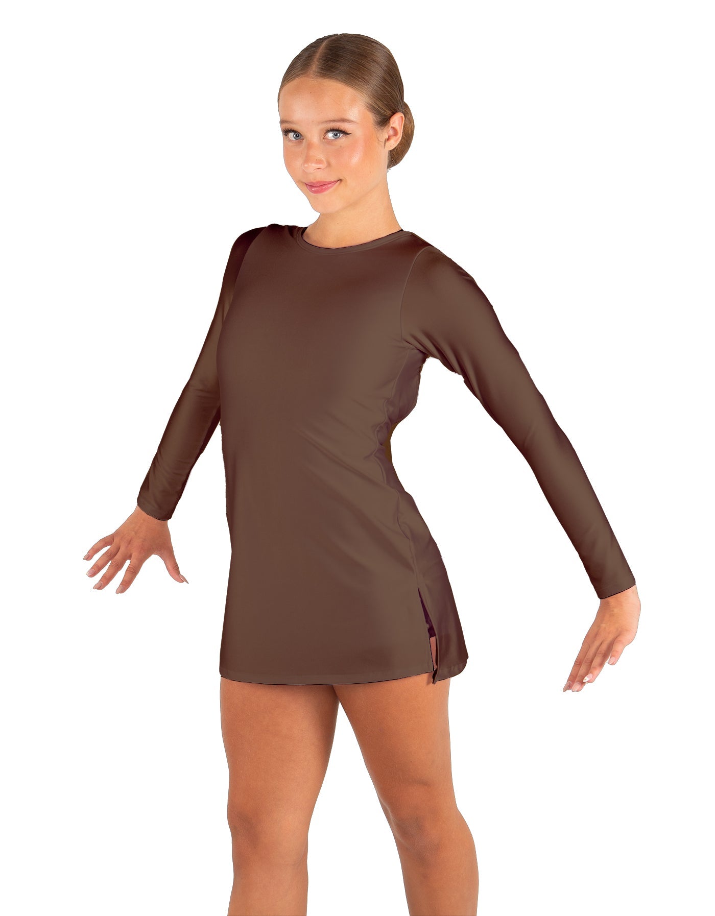 Solid Lycra LS Round Neck Dress with Open Back and Side Slits w/attached shorts