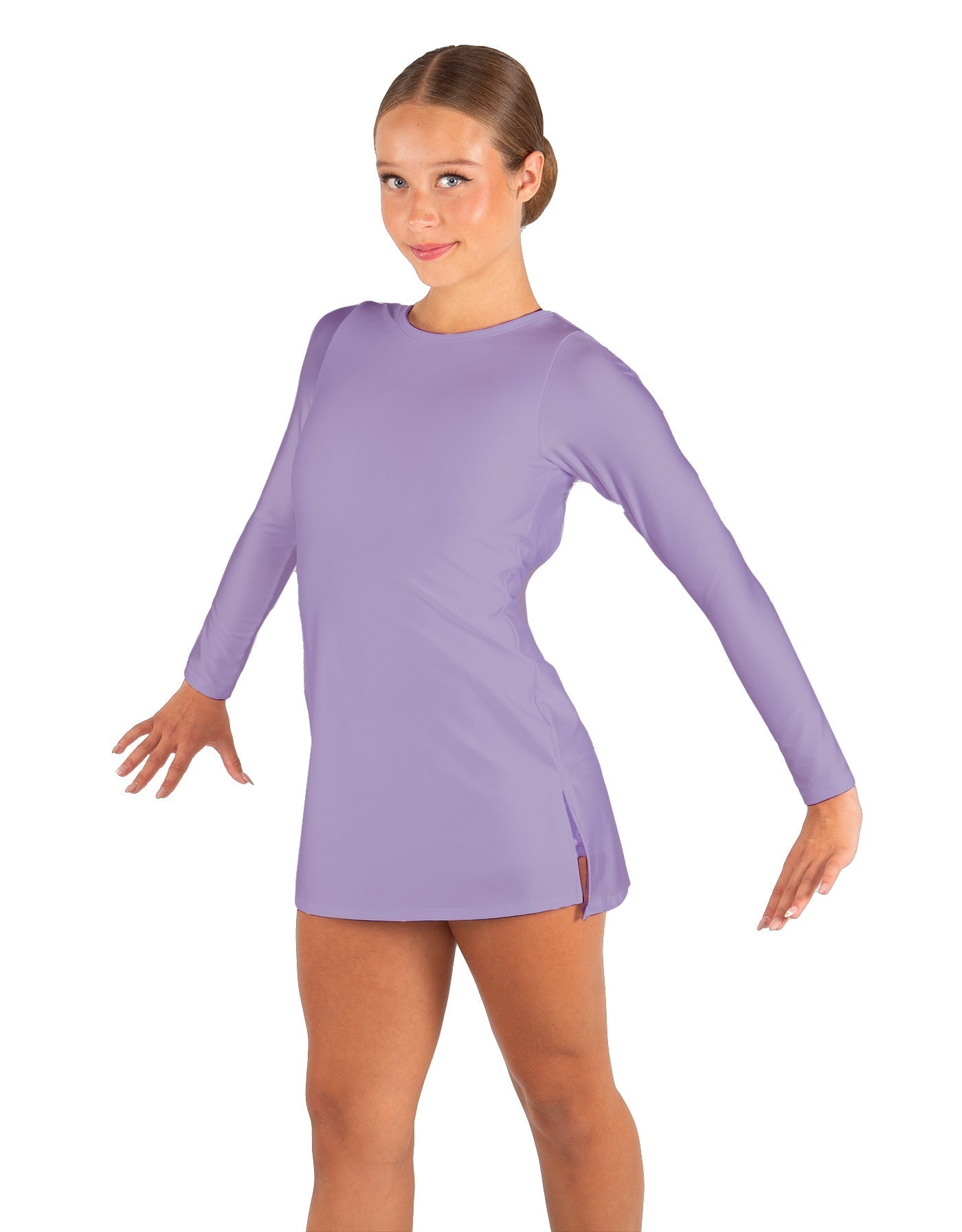 Solid Lycra LS Round Neck Dress with Open Back and Side Slits w/attached shorts