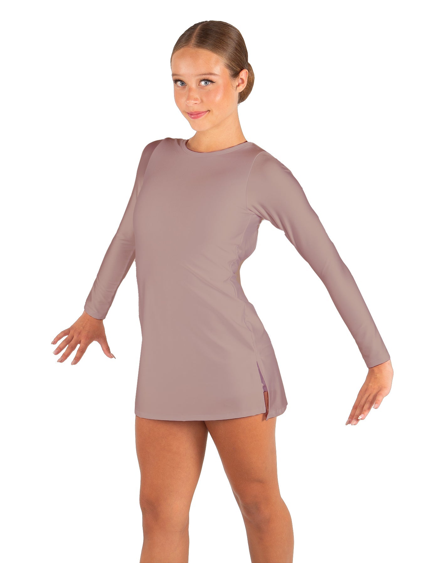 Solid Lycra LS Round Neck Dress with Open Back and Side Slits w/attached shorts