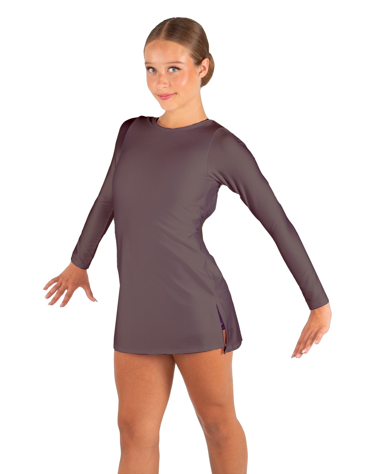 Solid Lycra LS Round Neck Dress with Open Back and Side Slits w/attached shorts