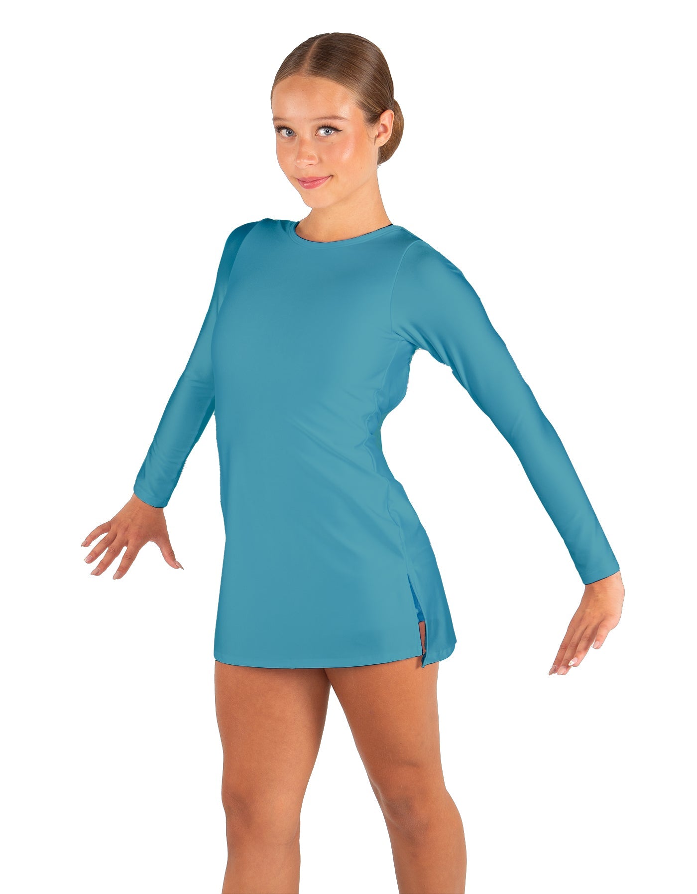 Solid Lycra LS Round Neck Dress with Open Back and Side Slits w/attached shorts