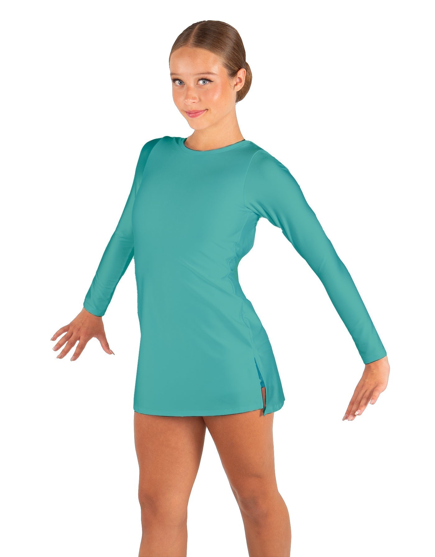 Solid Lycra LS Round Neck Dress with Open Back and Side Slits w/attached shorts