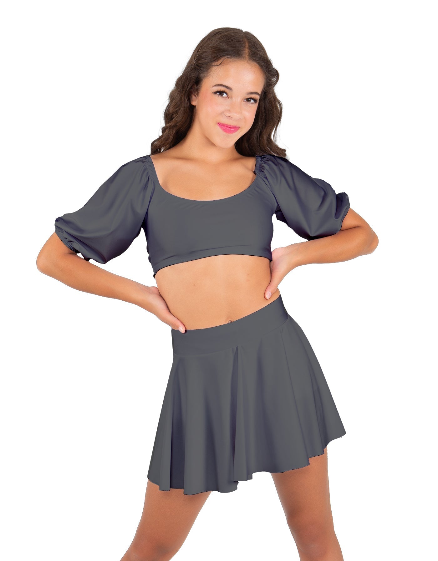 Solid Lycra Peasant Sleeve Tie Up Crop Top