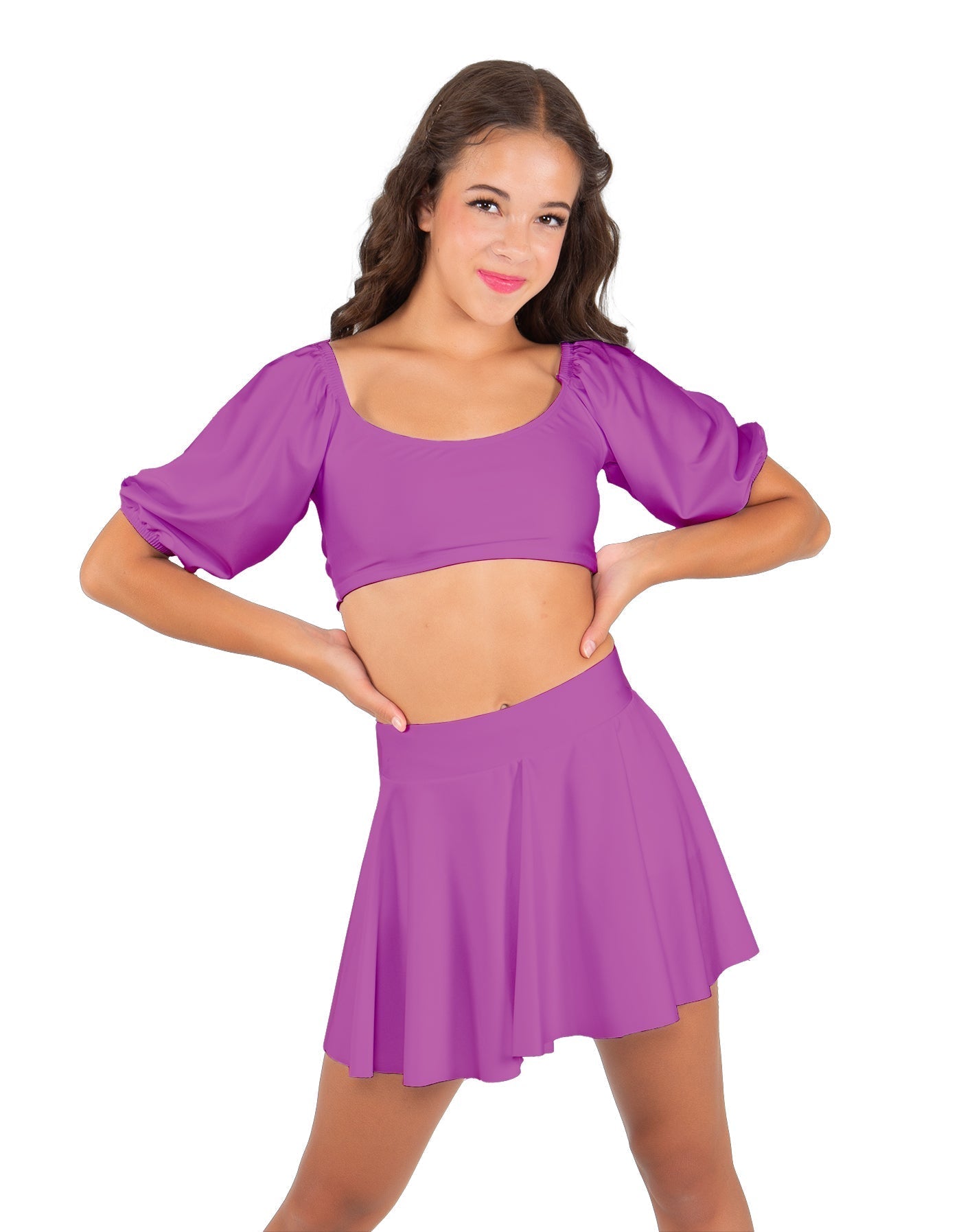 Solid Lycra Peasant Sleeve Tie Up Crop Top