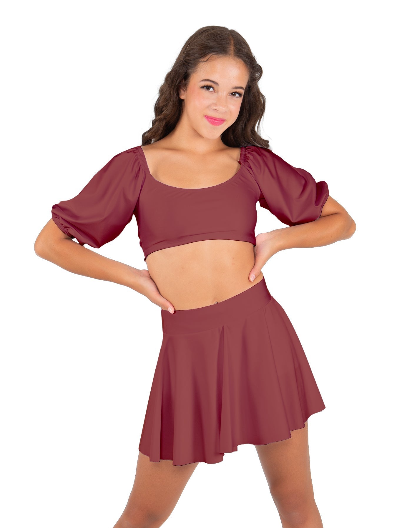 Solid Lycra Peasant Sleeve Tie Up Crop Top