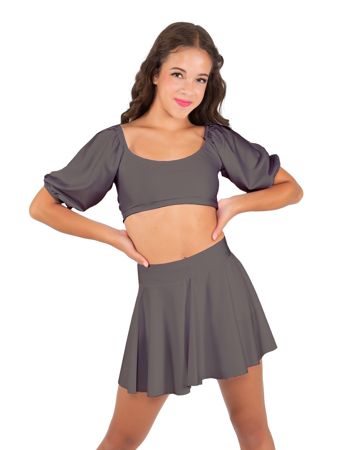 Solid Lycra Peasant Sleeve Tie Up Crop Top