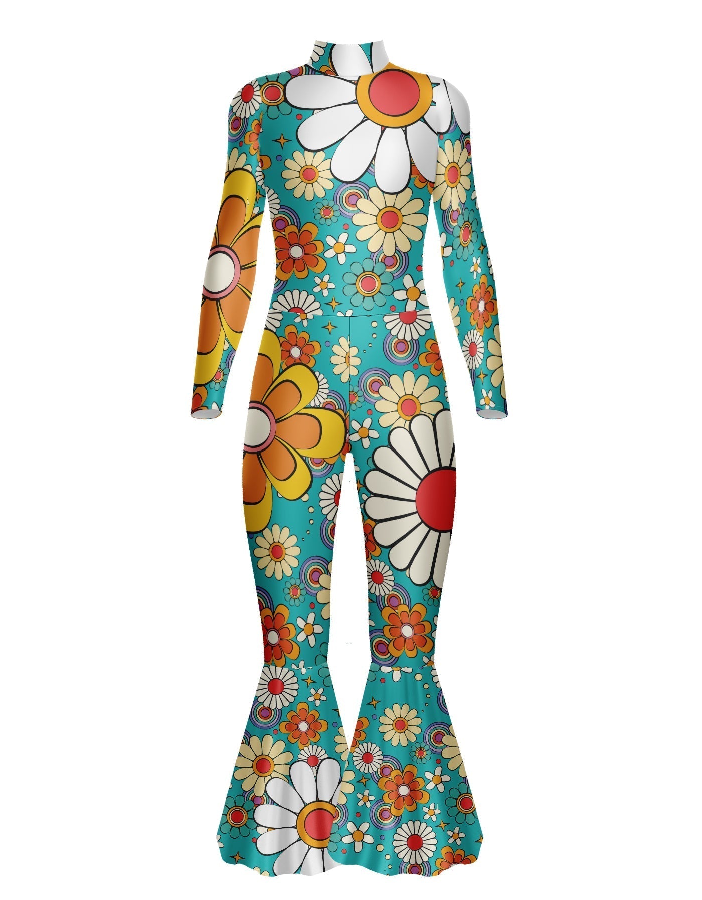 Flower Child Daisy LS Zipper Back Wide Flare Pant Unitard