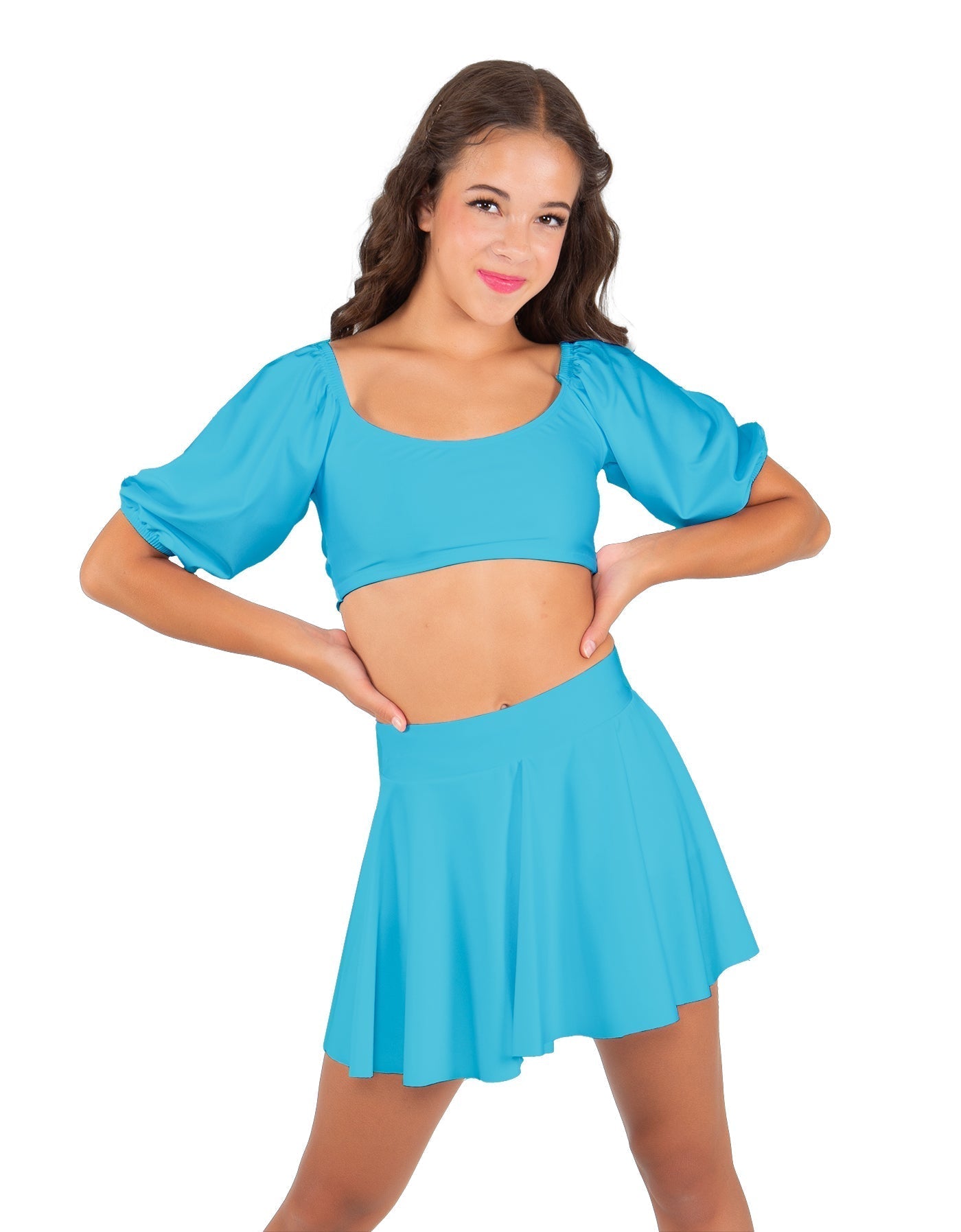 Solid Lycra Peasant Sleeve Tie Up Crop Top