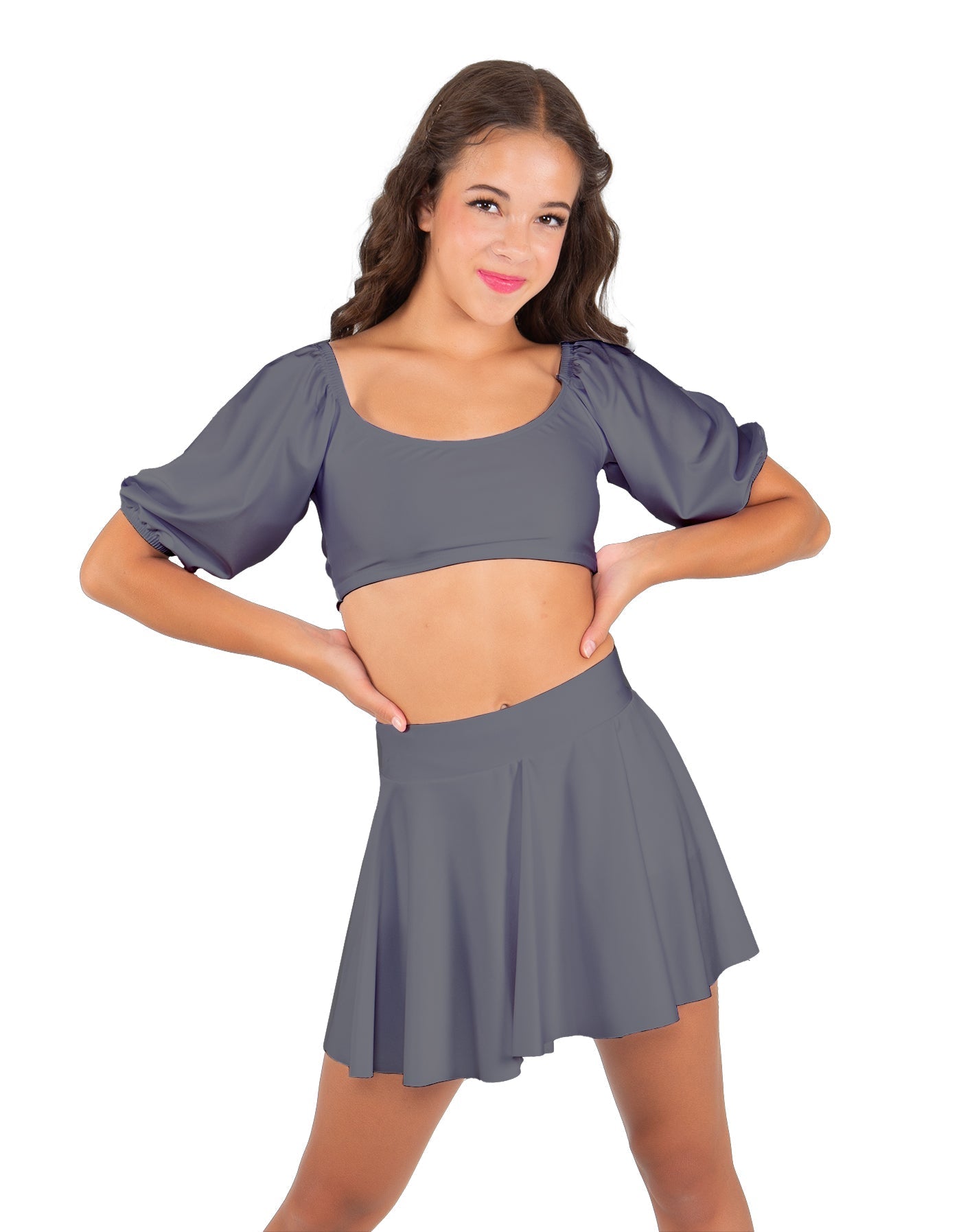 Solid Lycra Peasant Sleeve Tie Up Crop Top