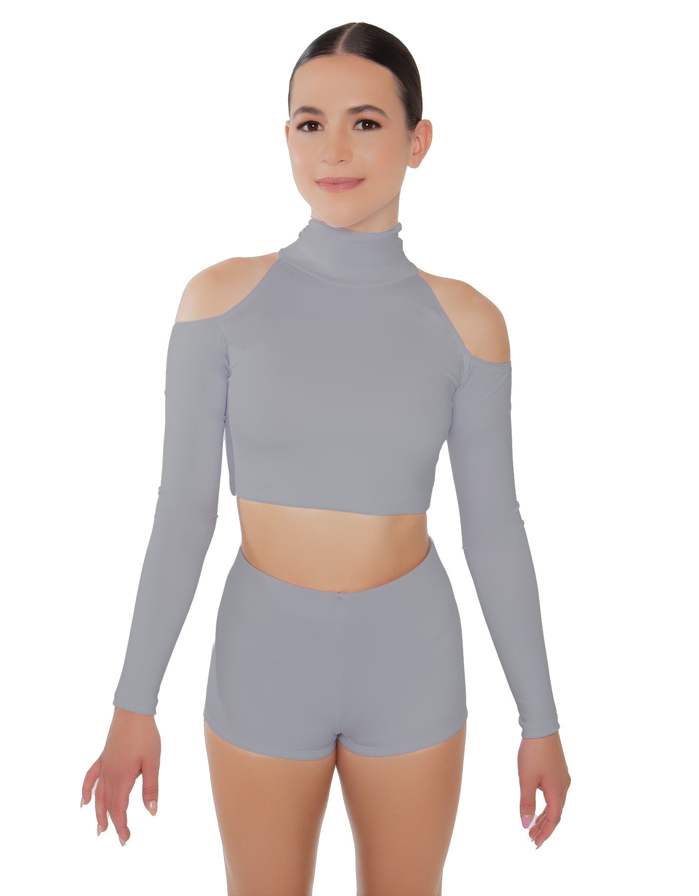 Solid Lycra LS TNeck Keyhole Cold Shoulder Crop Top