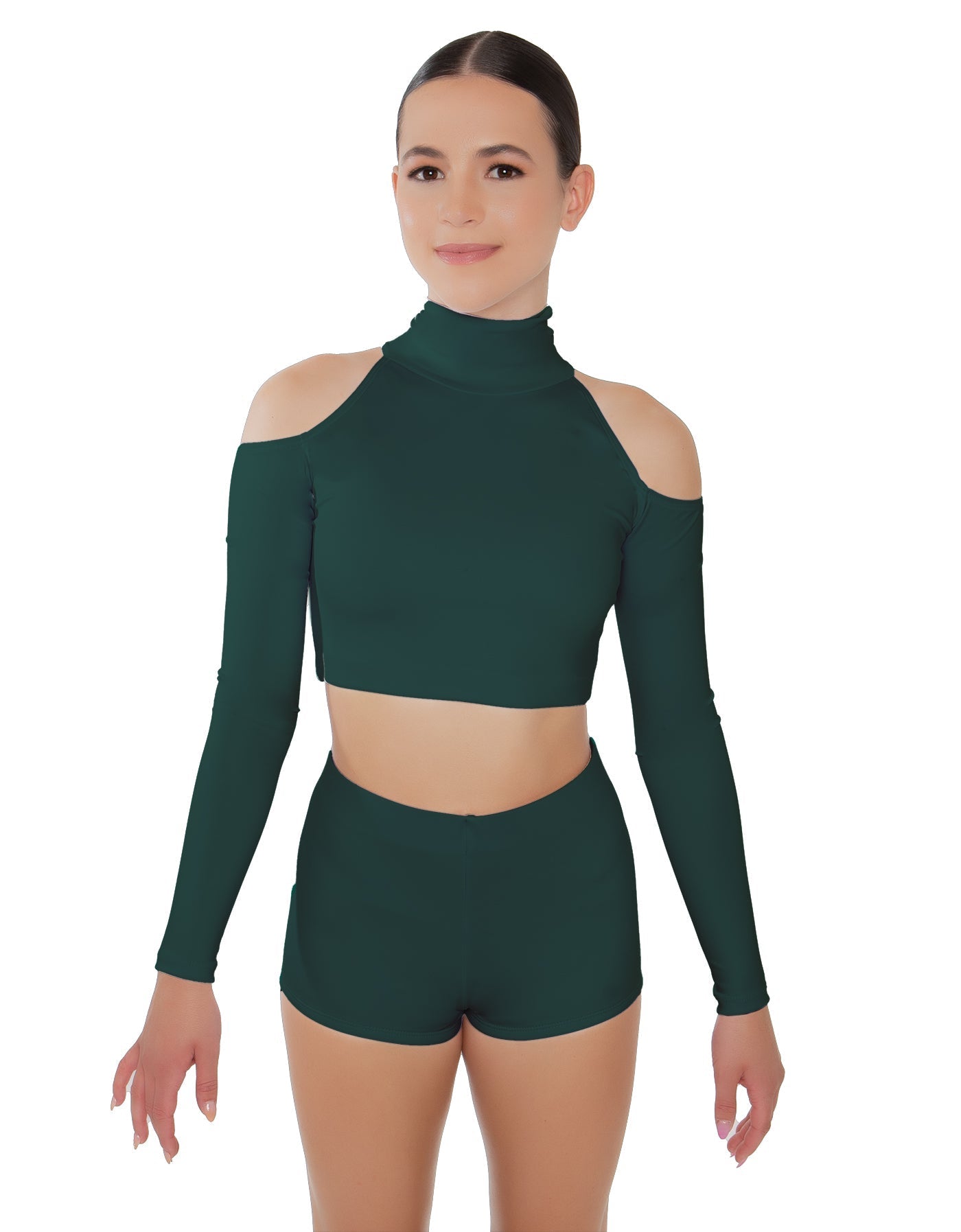 Solid Lycra LS TNeck Keyhole Cold Shoulder Crop Top