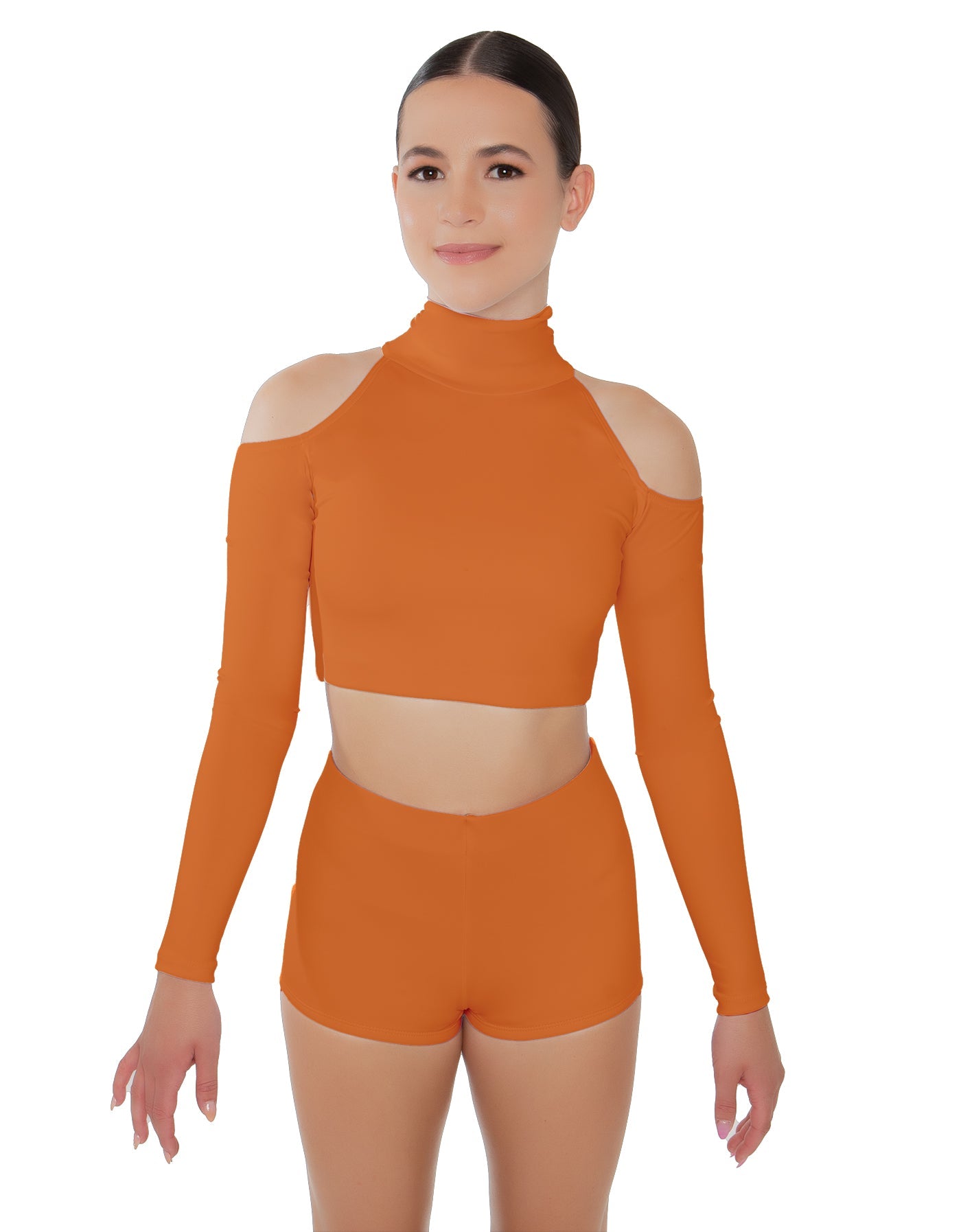 Solid Lycra LS TNeck Keyhole Cold Shoulder Crop Top