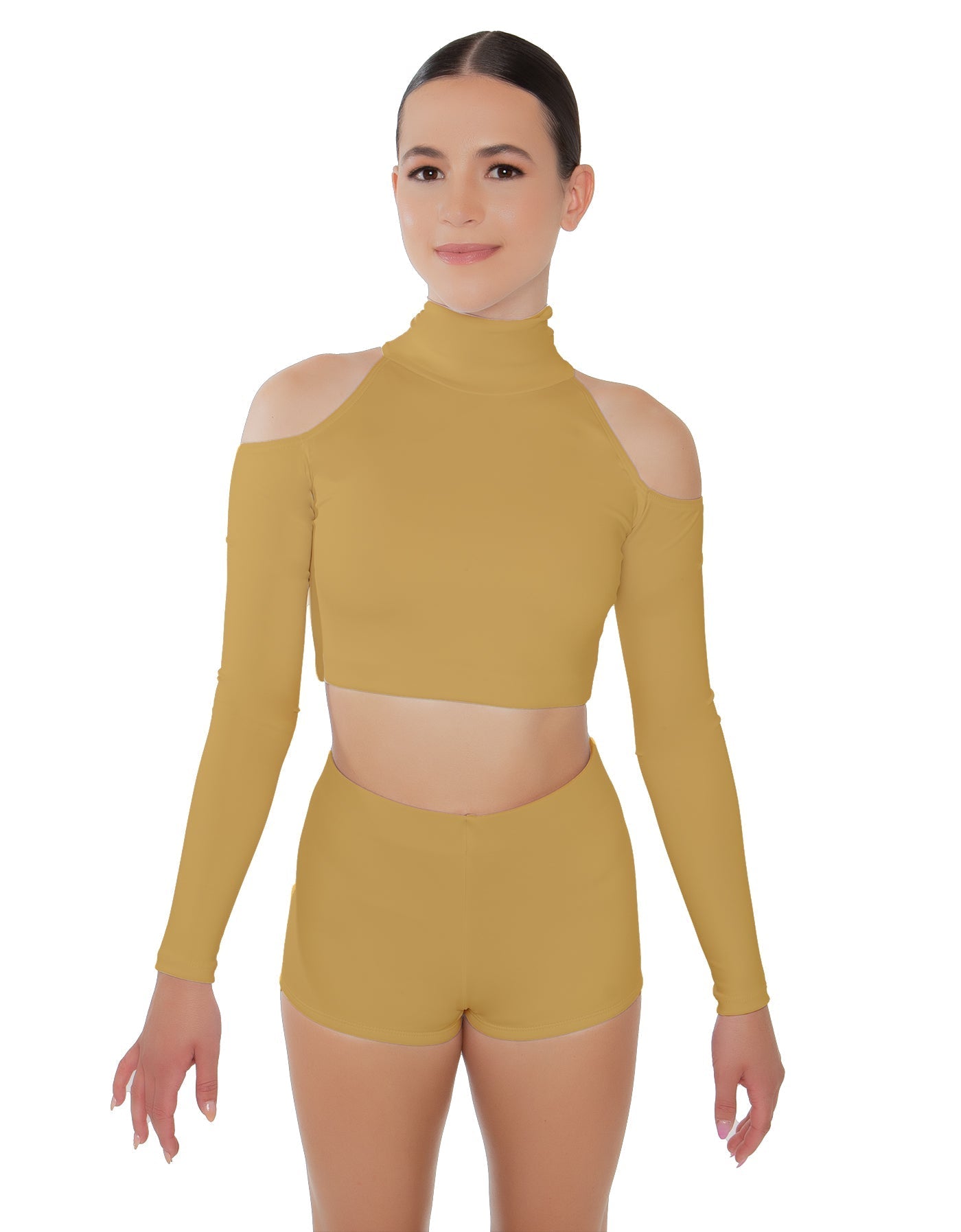 Solid Lycra LS TNeck Keyhole Cold Shoulder Crop Top