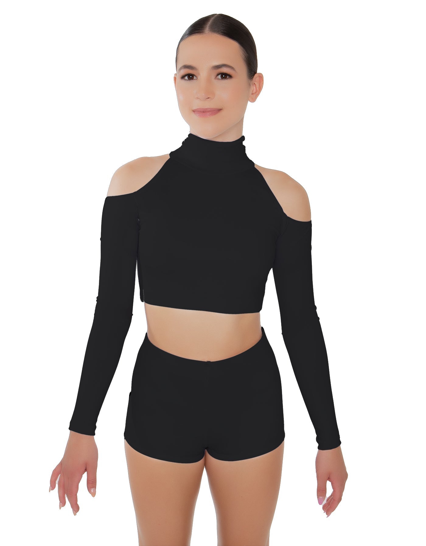 Solid Lycra LS TNeck Keyhole Cold Shoulder Crop Top