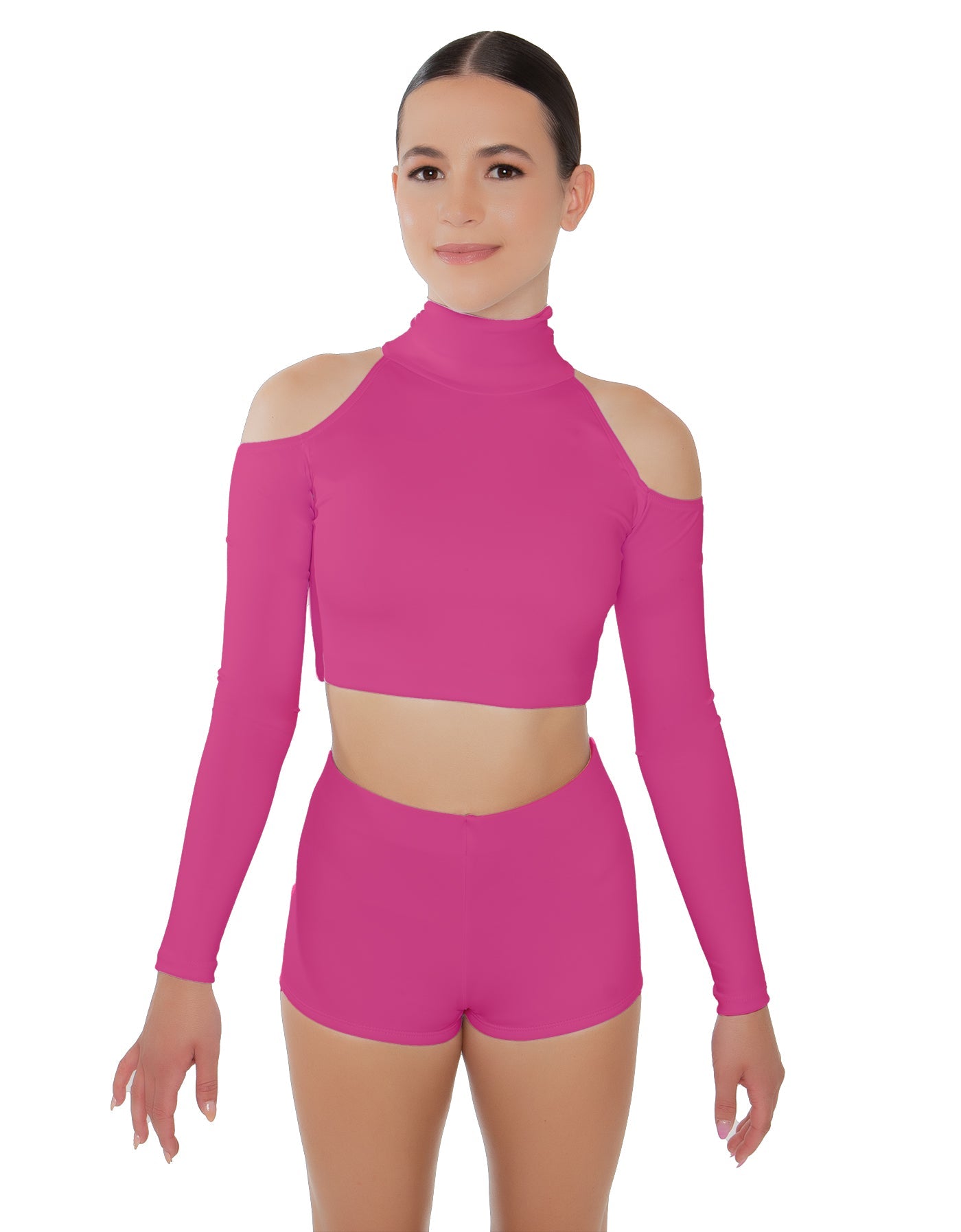 Solid Lycra LS TNeck Keyhole Cold Shoulder Crop Top