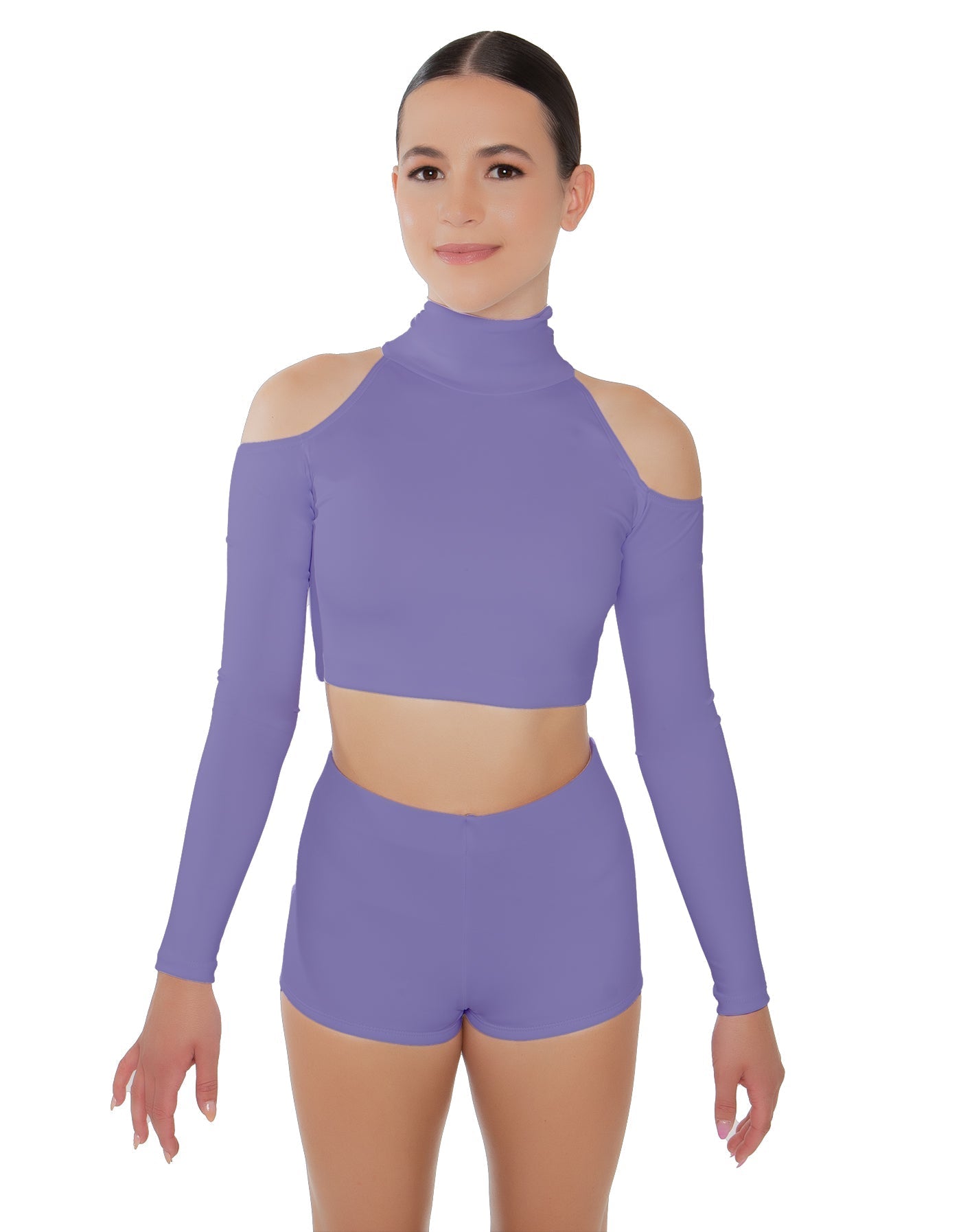 Solid Lycra LS TNeck Keyhole Cold Shoulder Crop Top