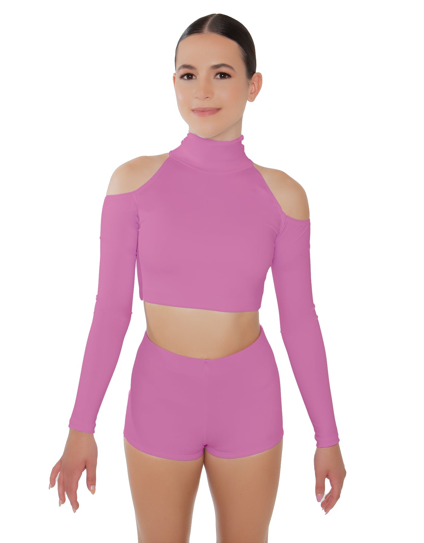 Solid Lycra LS TNeck Keyhole Cold Shoulder Crop Top