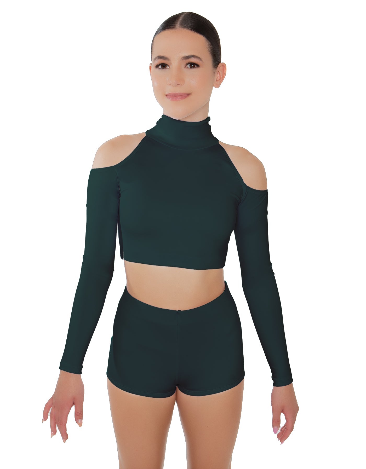 Solid Lycra LS TNeck Keyhole Cold Shoulder Crop Top