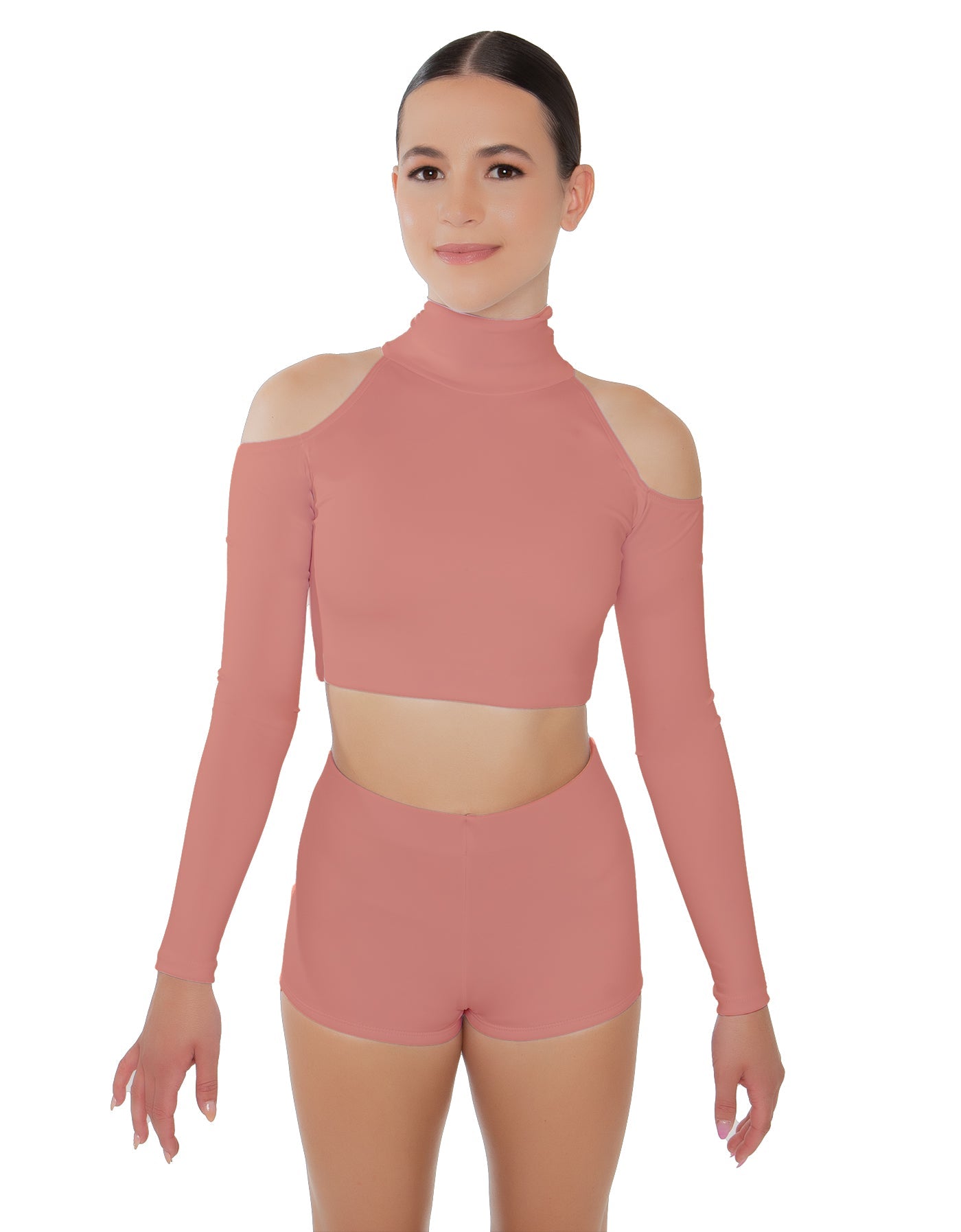 Solid Lycra LS TNeck Keyhole Cold Shoulder Crop Top