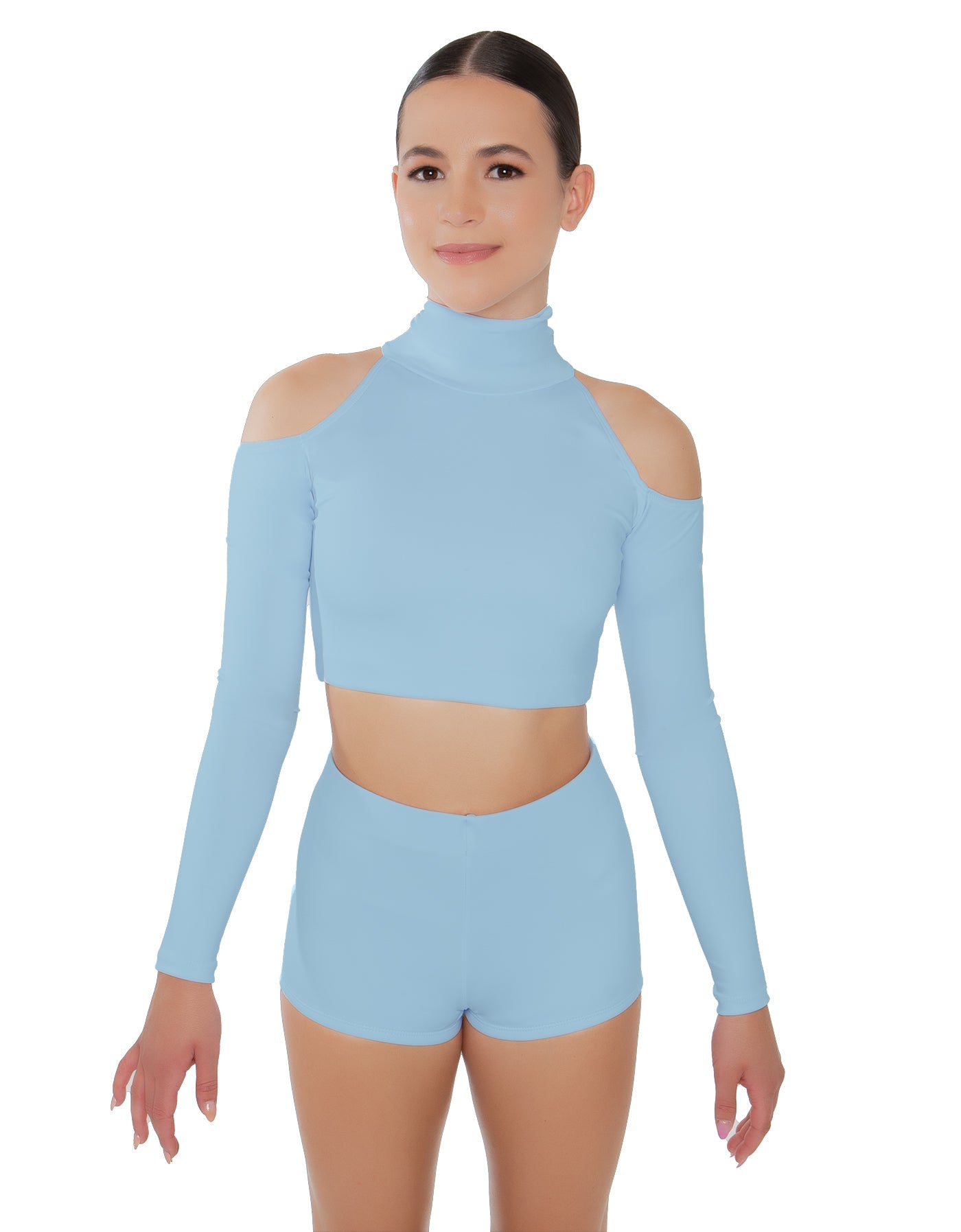 Solid Lycra LS TNeck Keyhole Cold Shoulder Crop Top