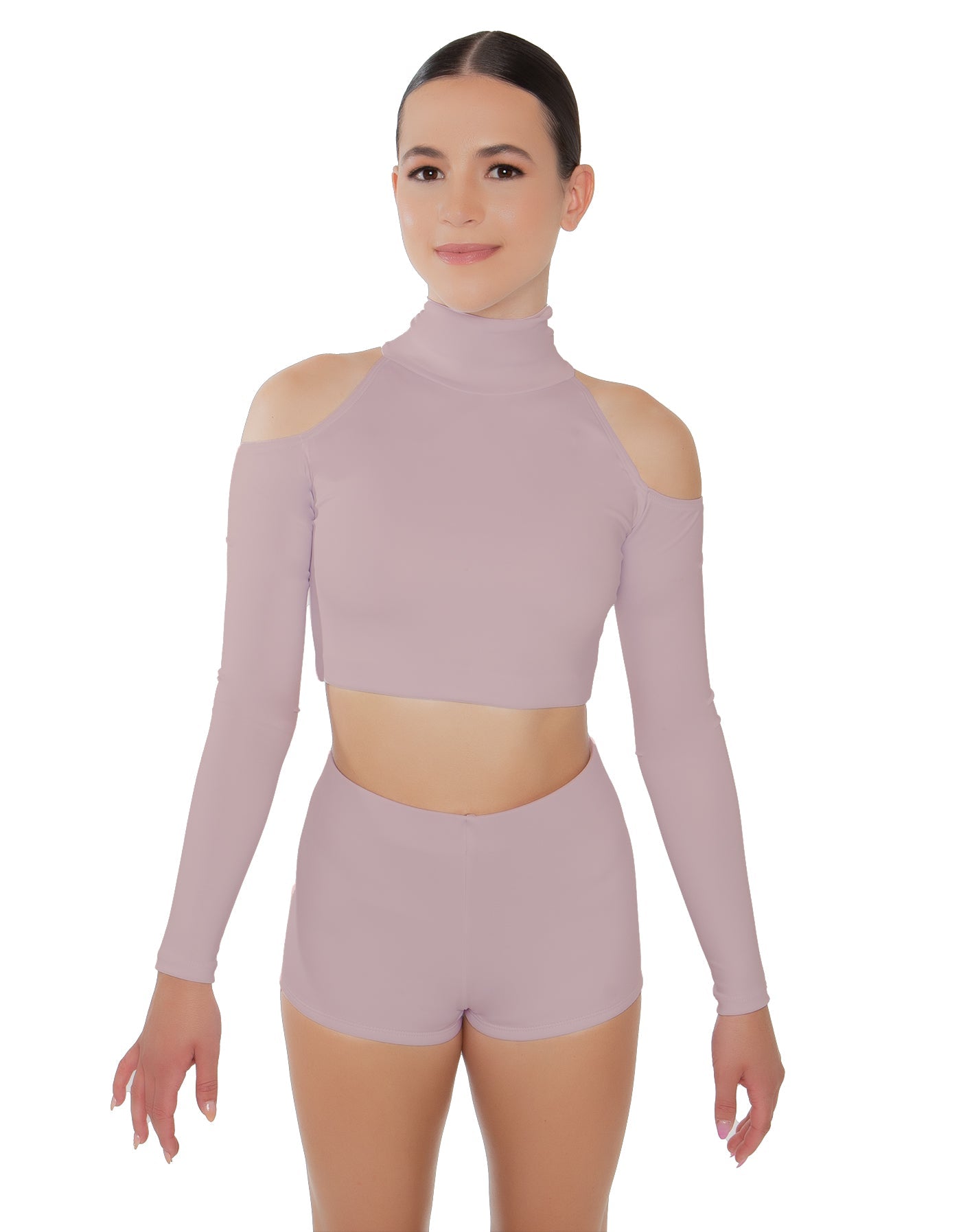 Solid Lycra LS TNeck Keyhole Cold Shoulder Crop Top