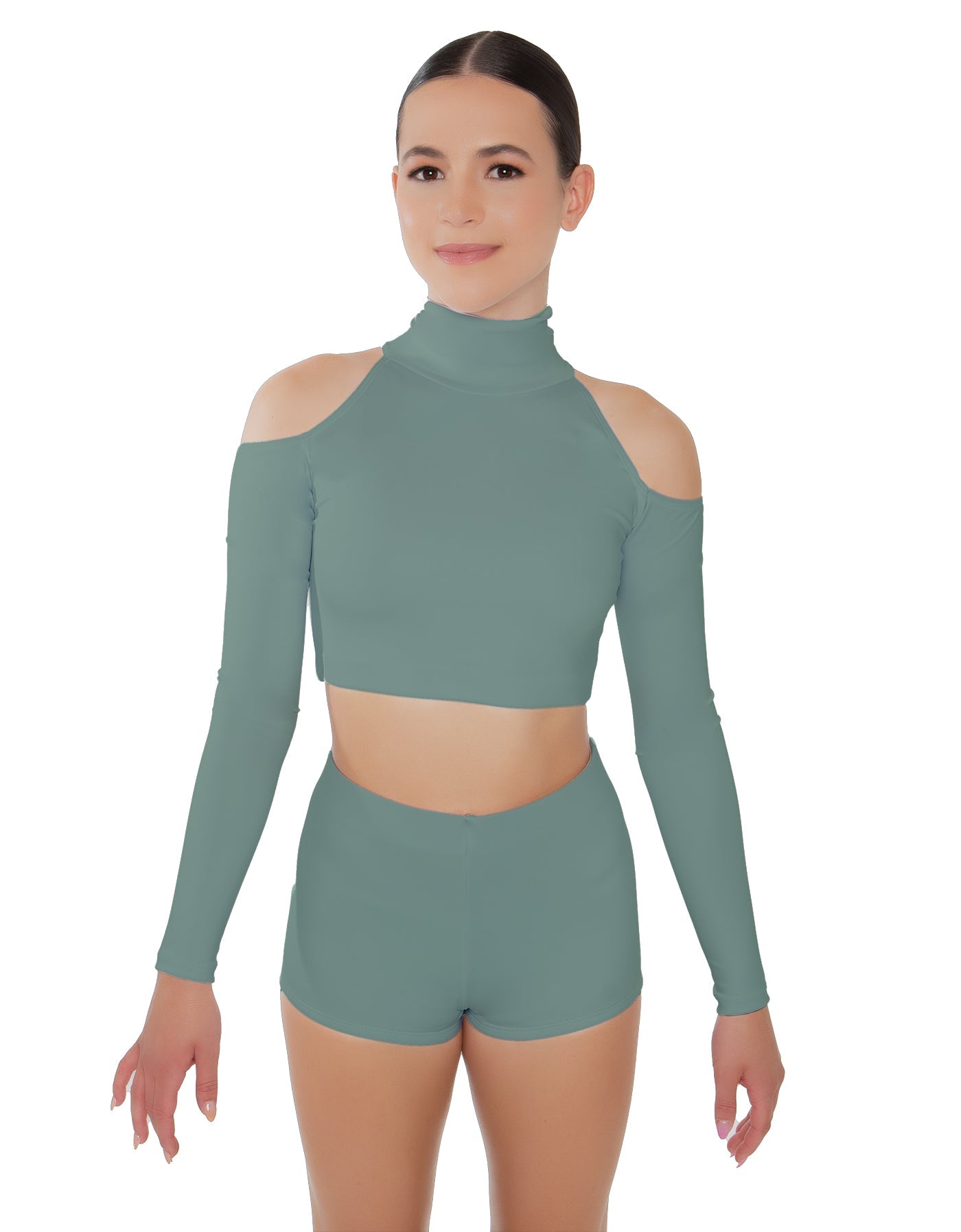 Solid Lycra LS TNeck Keyhole Cold Shoulder Crop Top