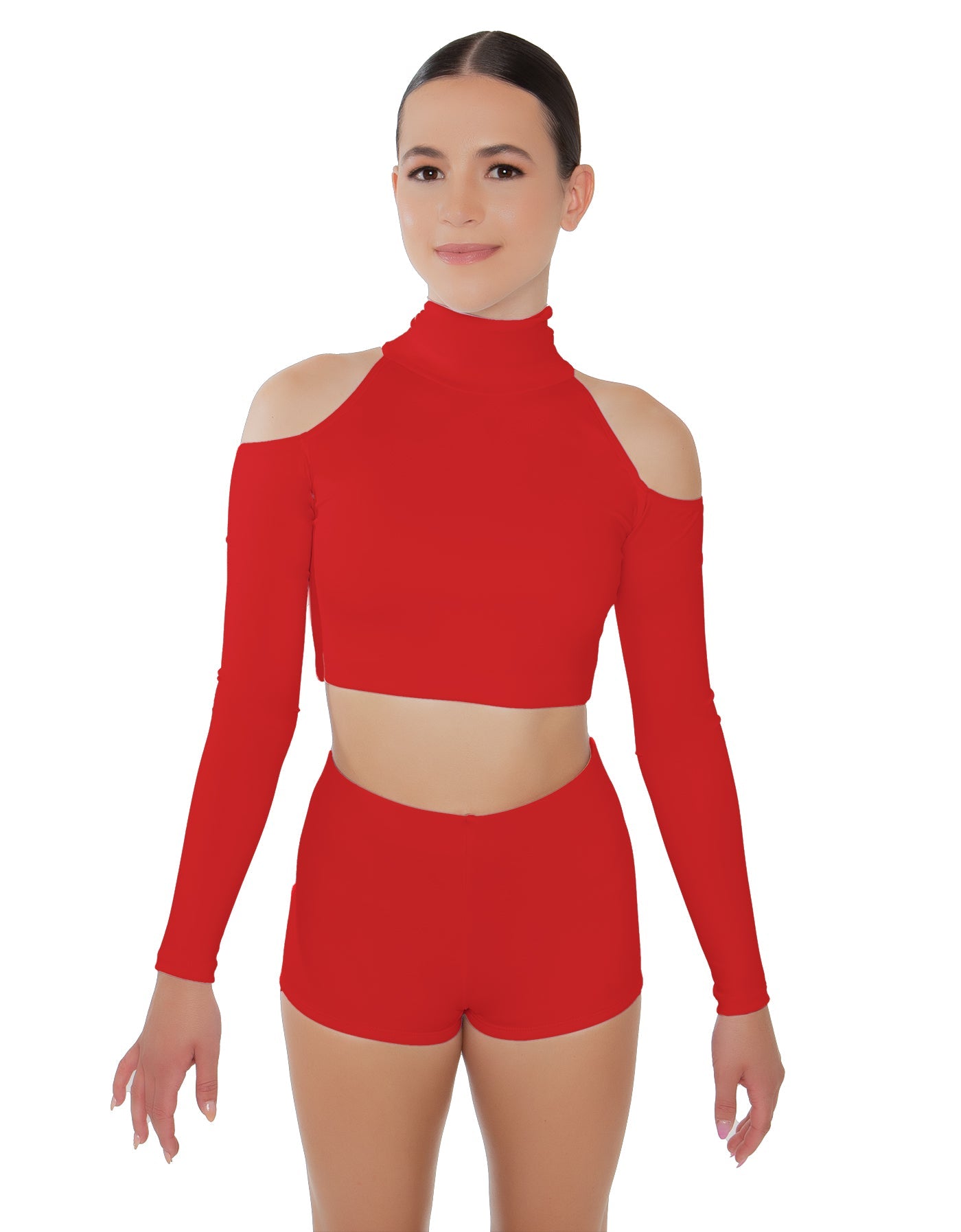 Solid Lycra LS TNeck Keyhole Cold Shoulder Crop Top