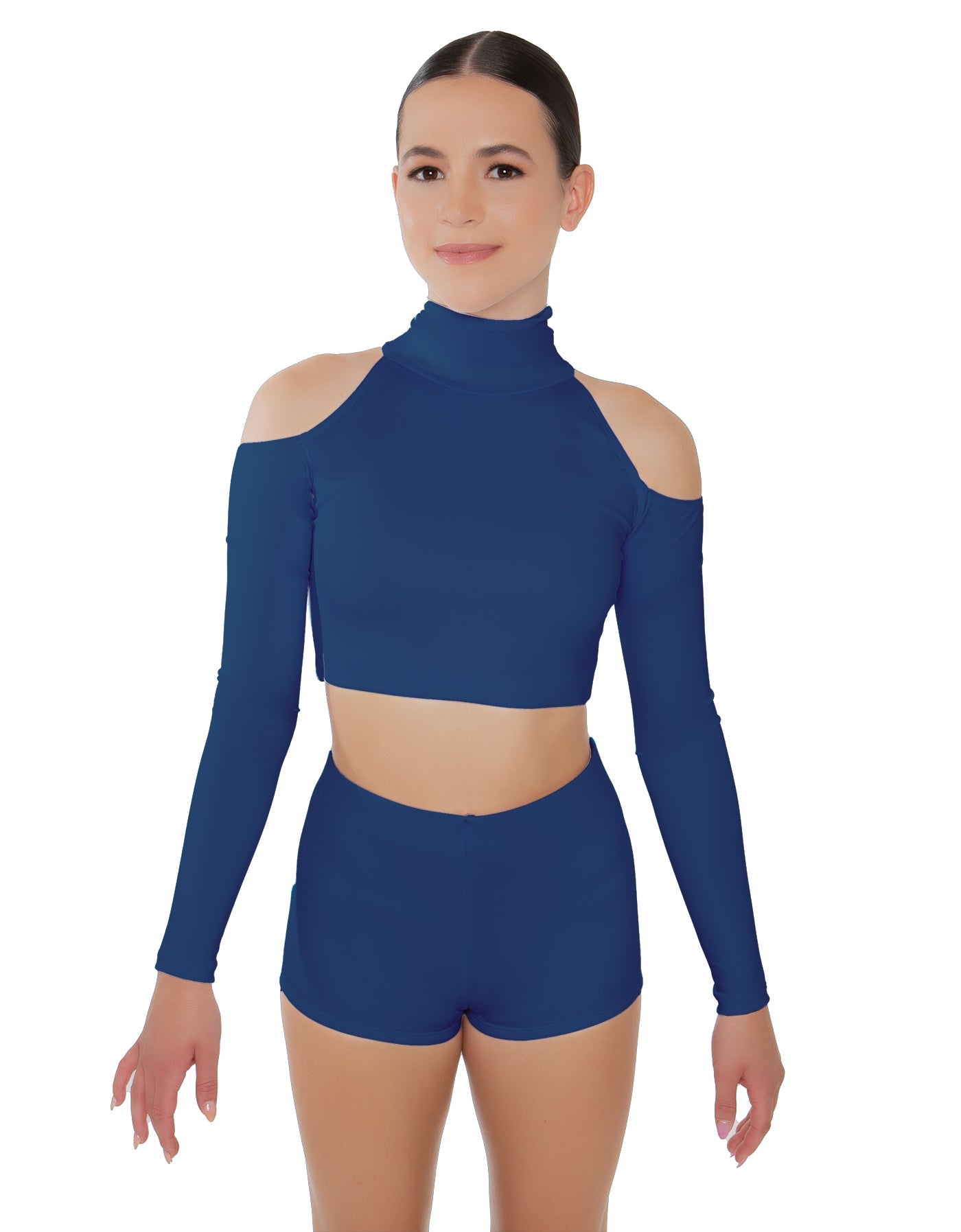 Solid Lycra LS TNeck Keyhole Cold Shoulder Crop Top