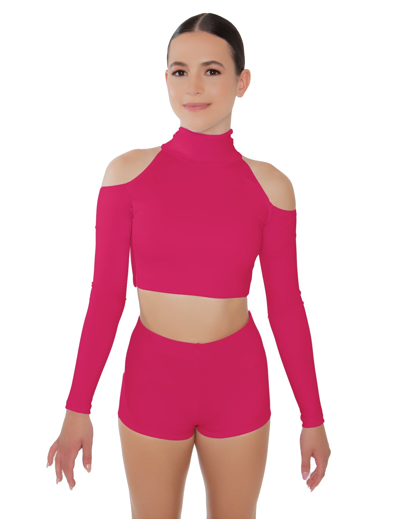 Solid Lycra LS TNeck Keyhole Cold Shoulder Crop Top
