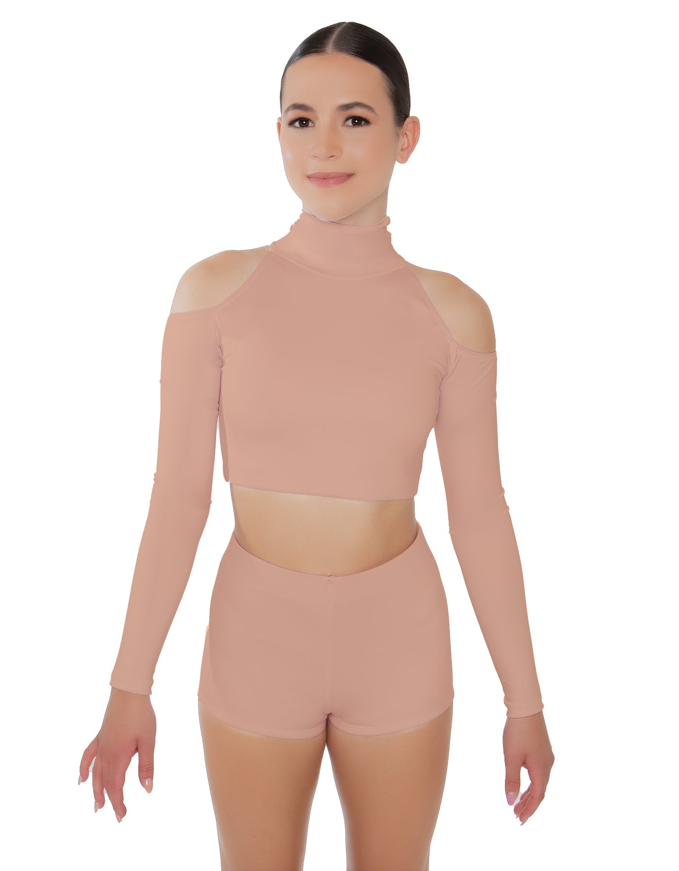 Solid Lycra LS TNeck Keyhole Cold Shoulder Crop Top
