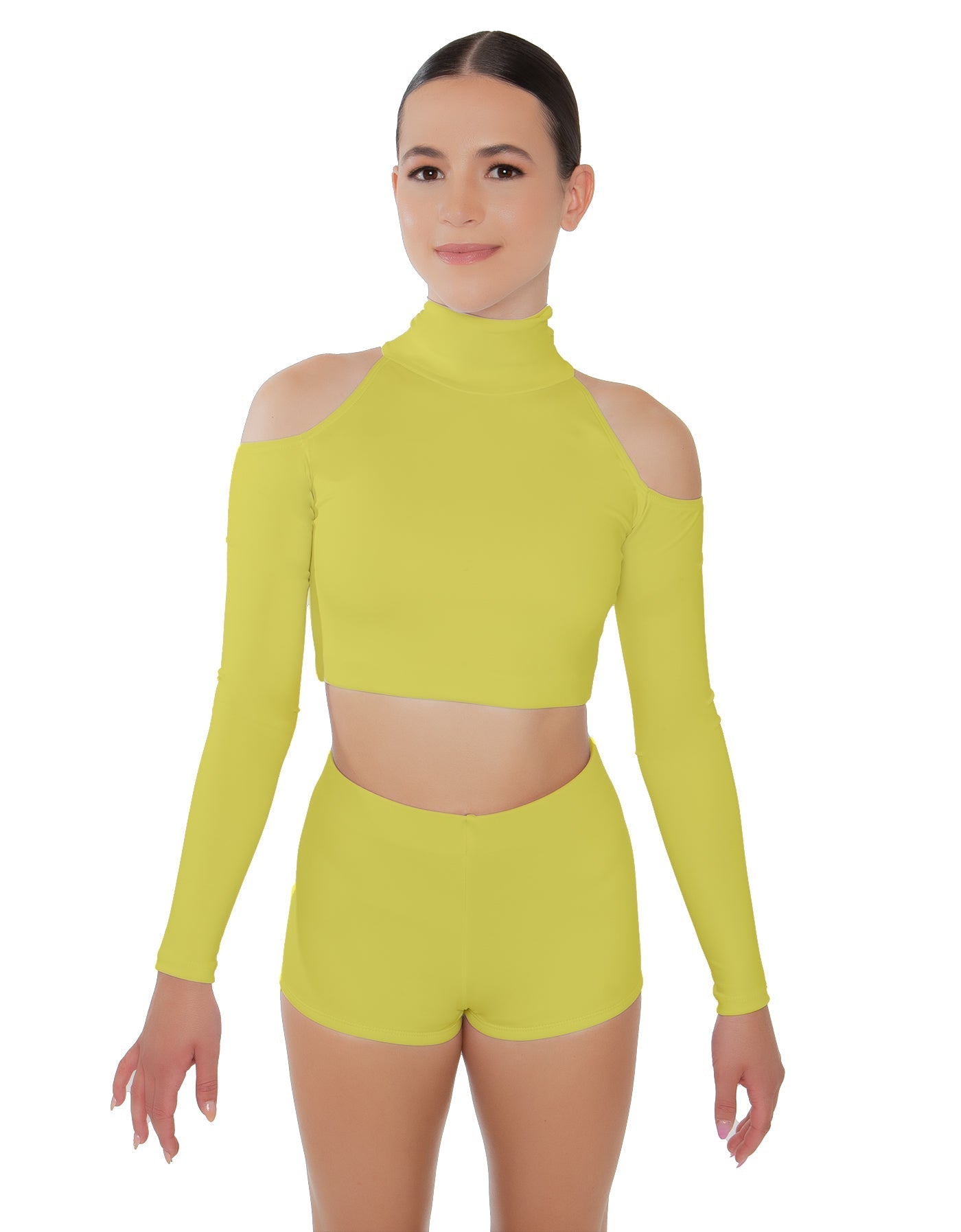 Solid Lycra LS TNeck Keyhole Cold Shoulder Crop Top
