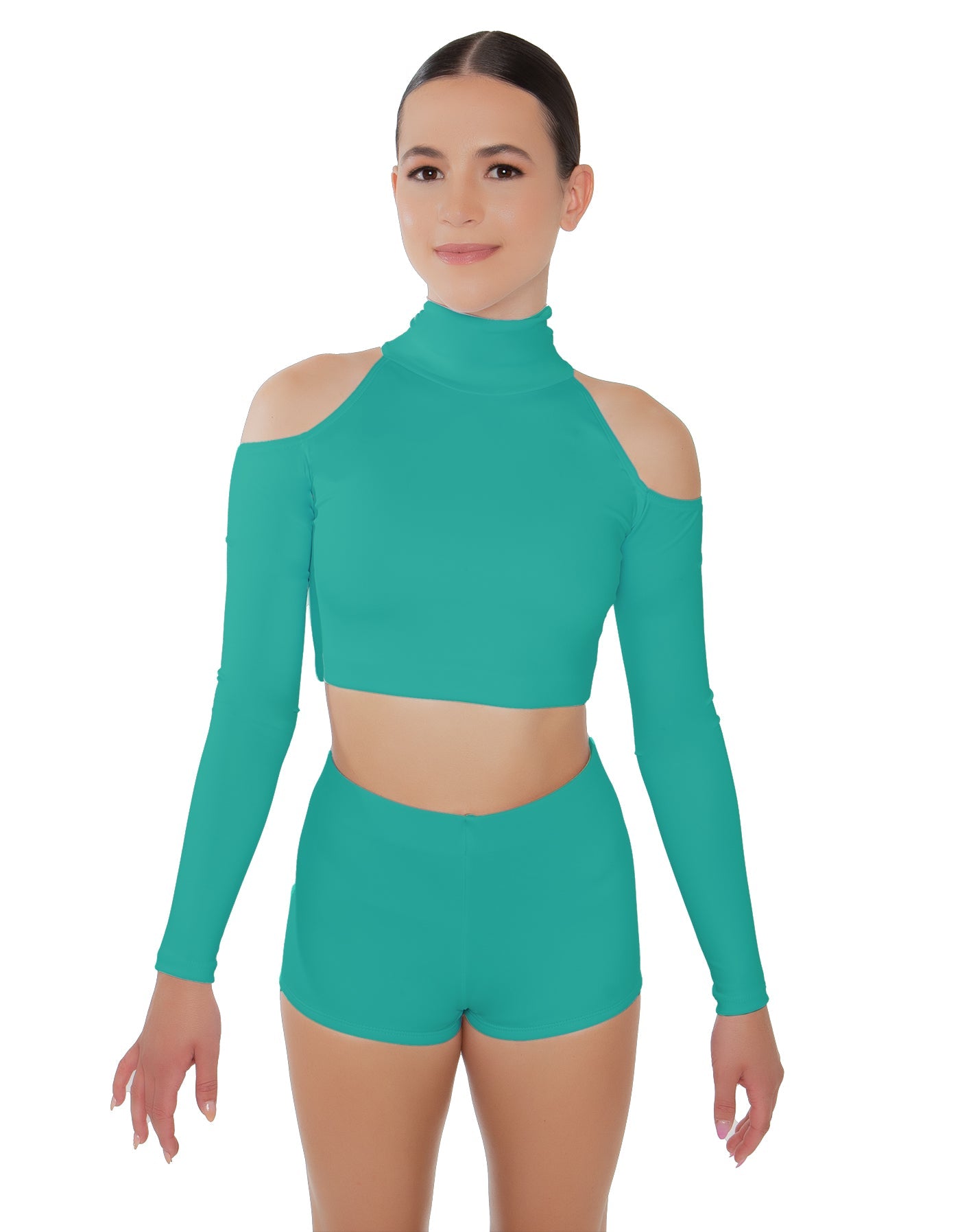 Solid Lycra LS TNeck Keyhole Cold Shoulder Crop Top