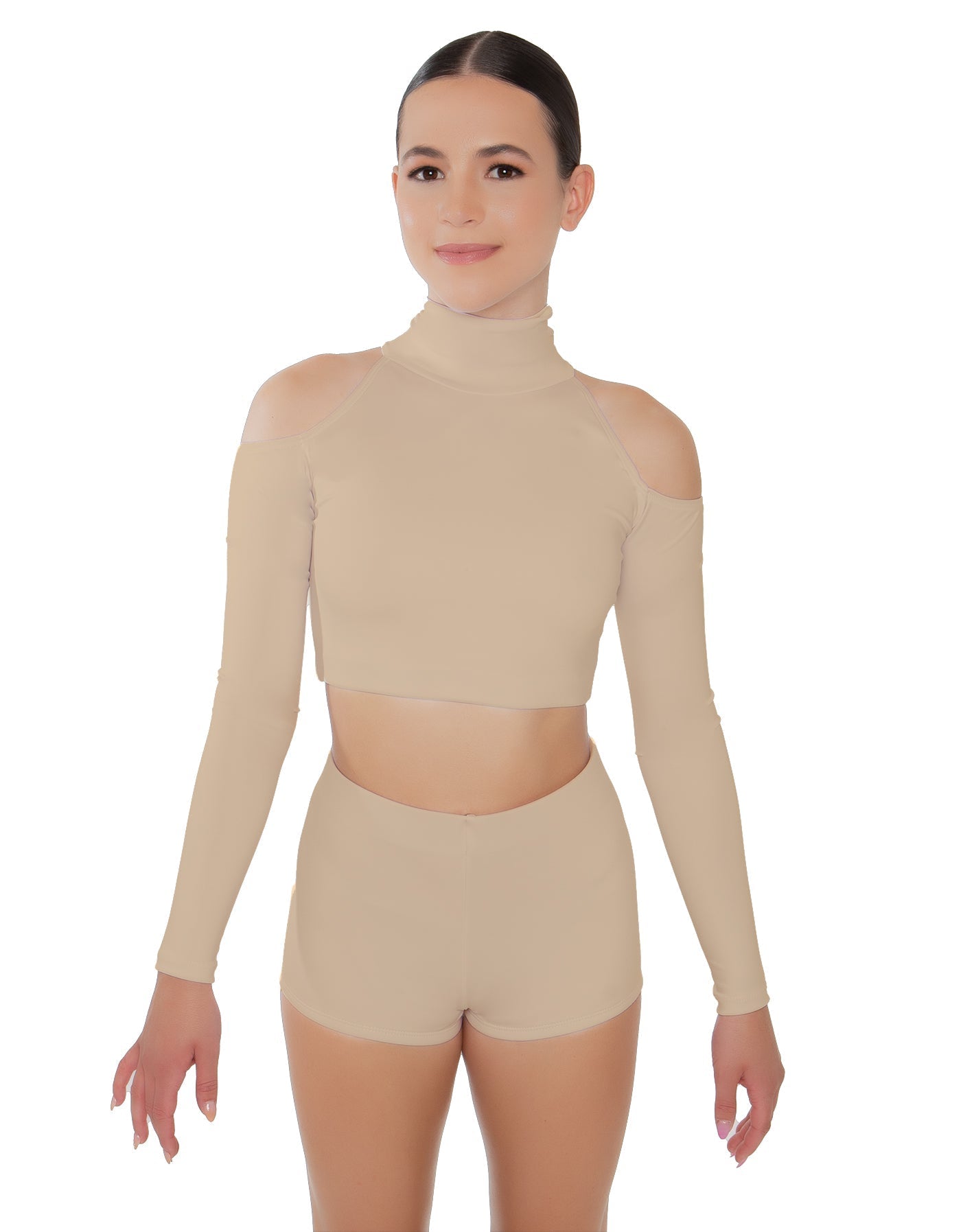 Solid Lycra LS TNeck Keyhole Cold Shoulder Crop Top