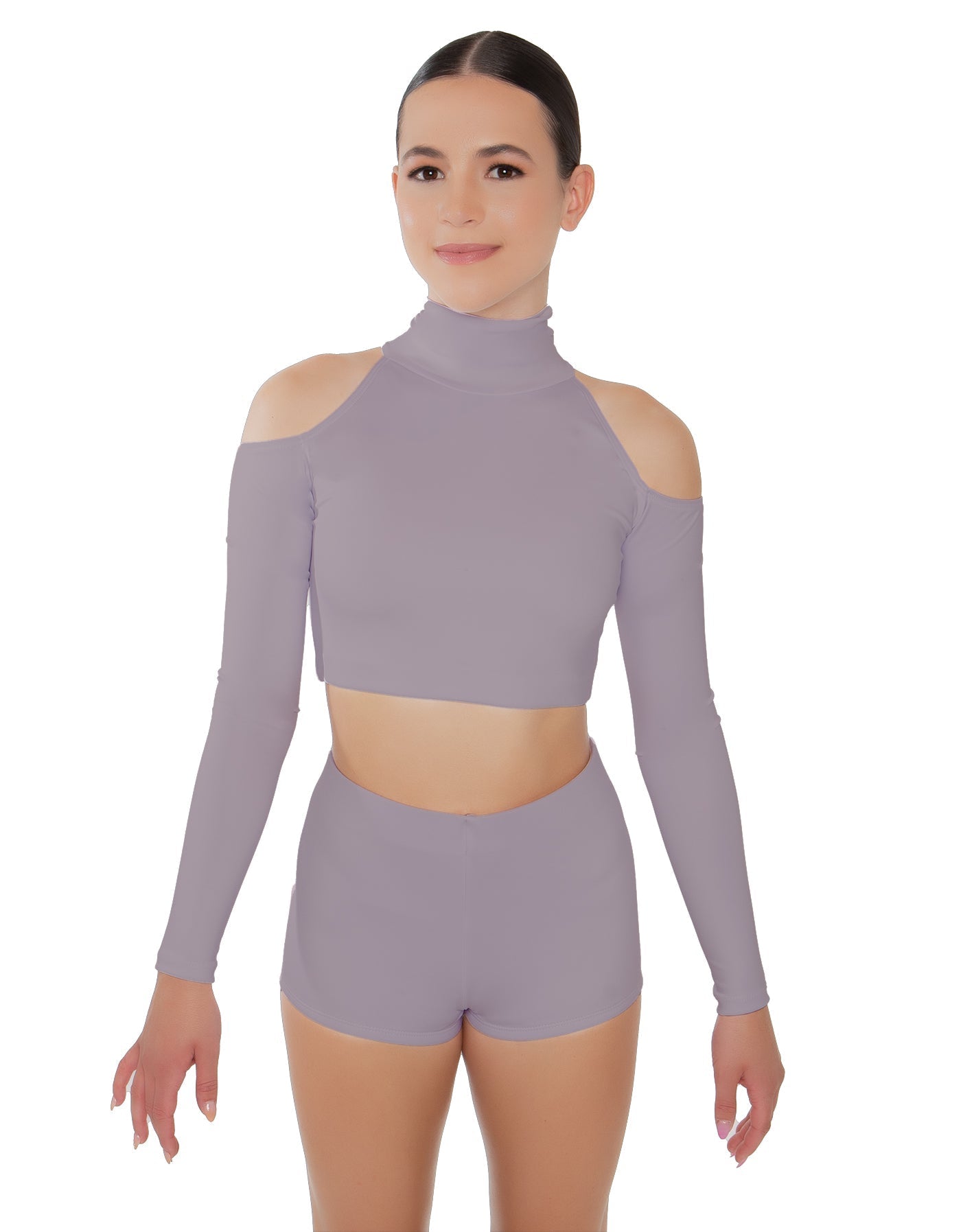 Solid Lycra LS TNeck Keyhole Cold Shoulder Crop Top