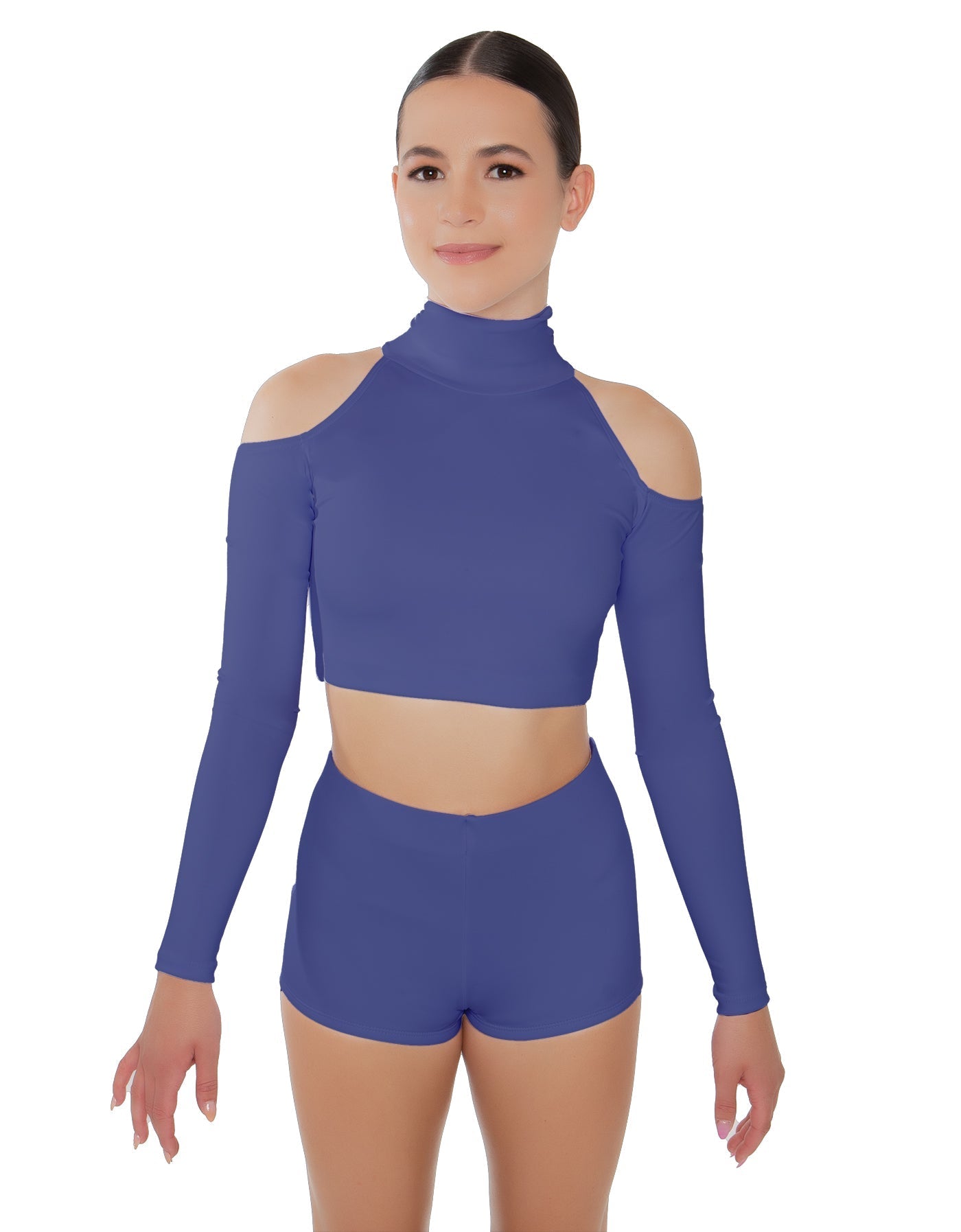 Solid Lycra LS TNeck Keyhole Cold Shoulder Crop Top