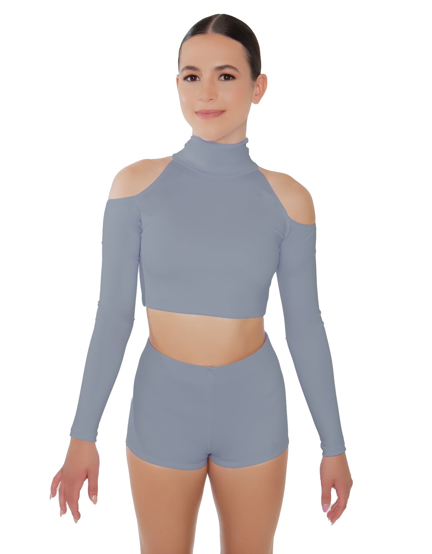 Solid Lycra LS TNeck Keyhole Cold Shoulder Crop Top