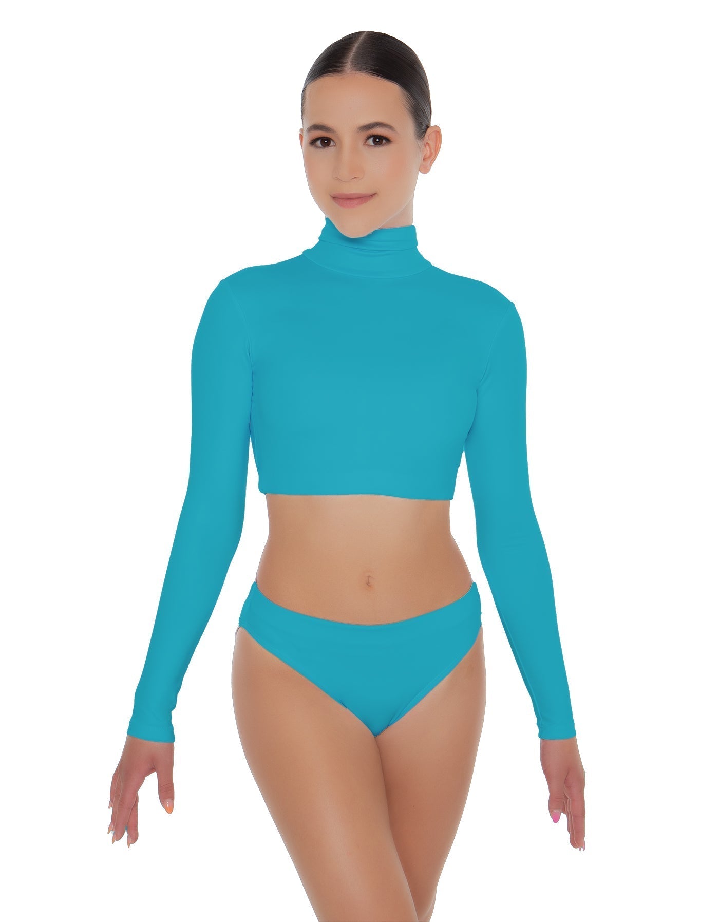 Solid Lycra TNeck LS Crop Top Triangle Back