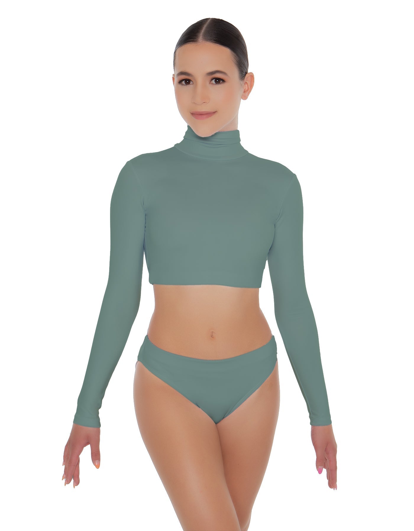 Solid Lycra TNeck LS Crop Top Triangle Back
