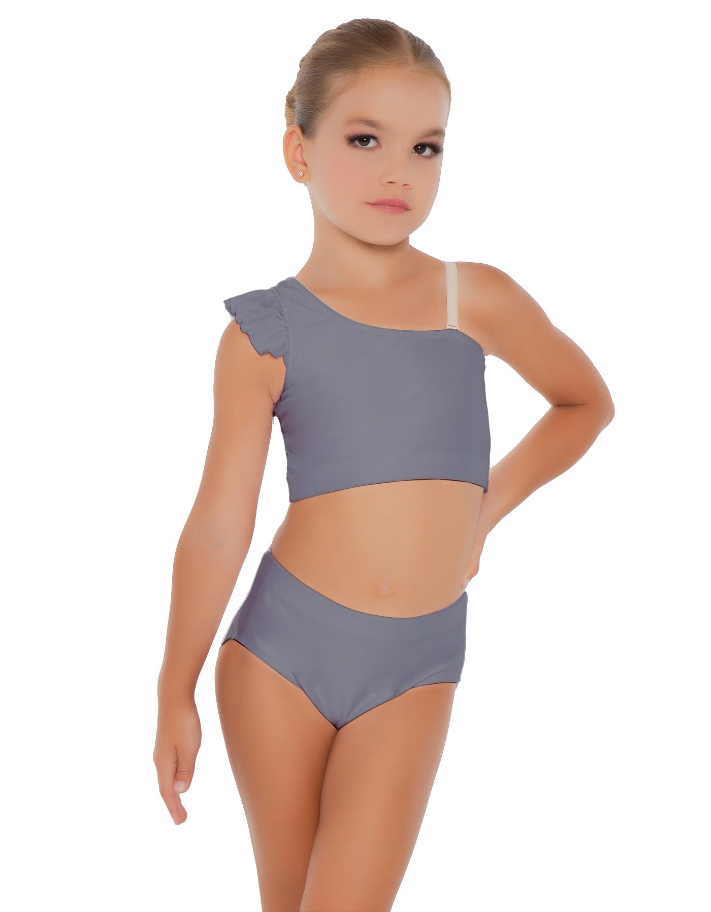 Solid Lycra One Shoulder Crop Top With Gather Sleeve