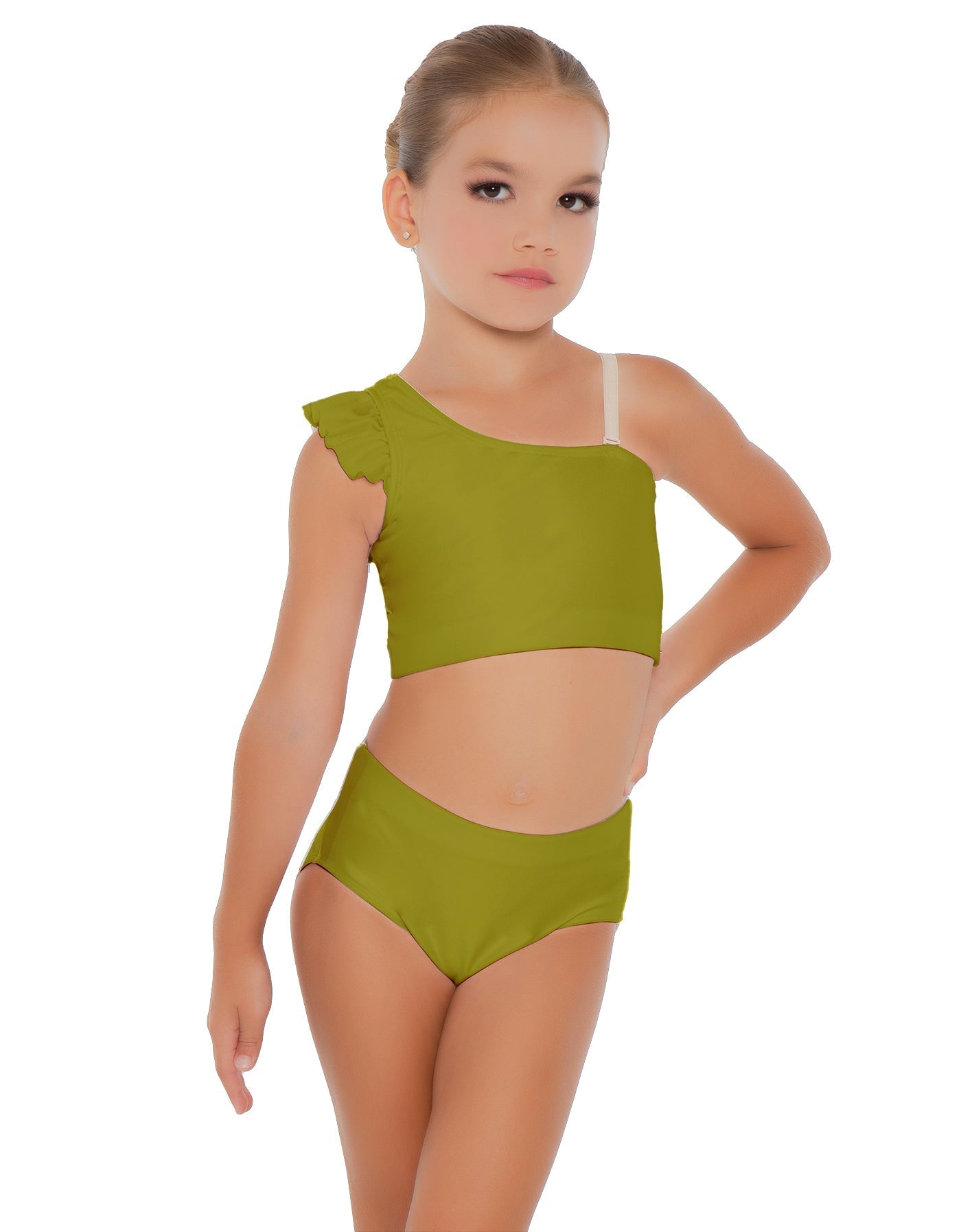 Solid Lycra One Shoulder Crop Top With Gather Sleeve