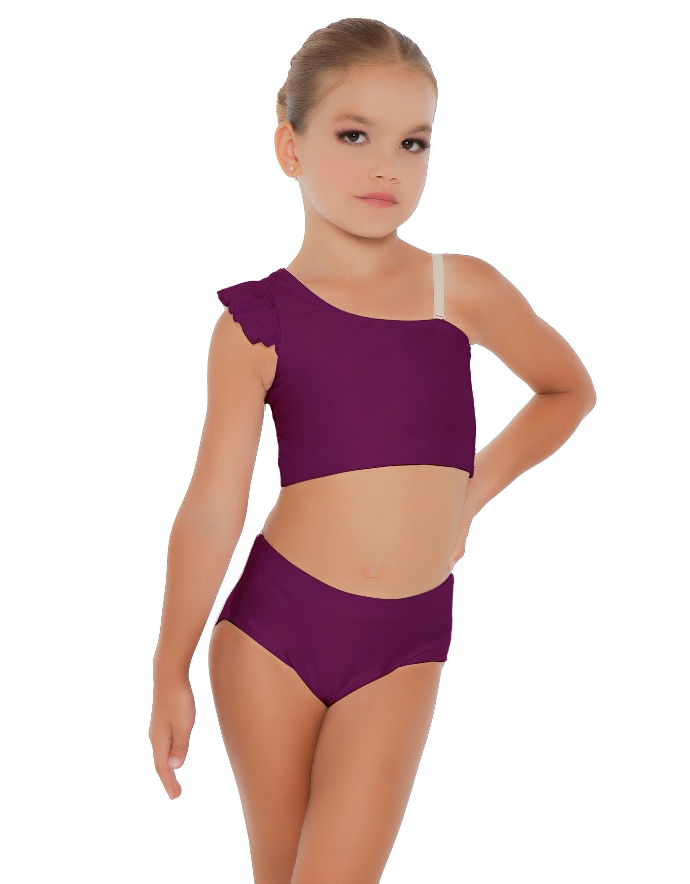 Solid Lycra One Shoulder Crop Top With Gather Sleeve