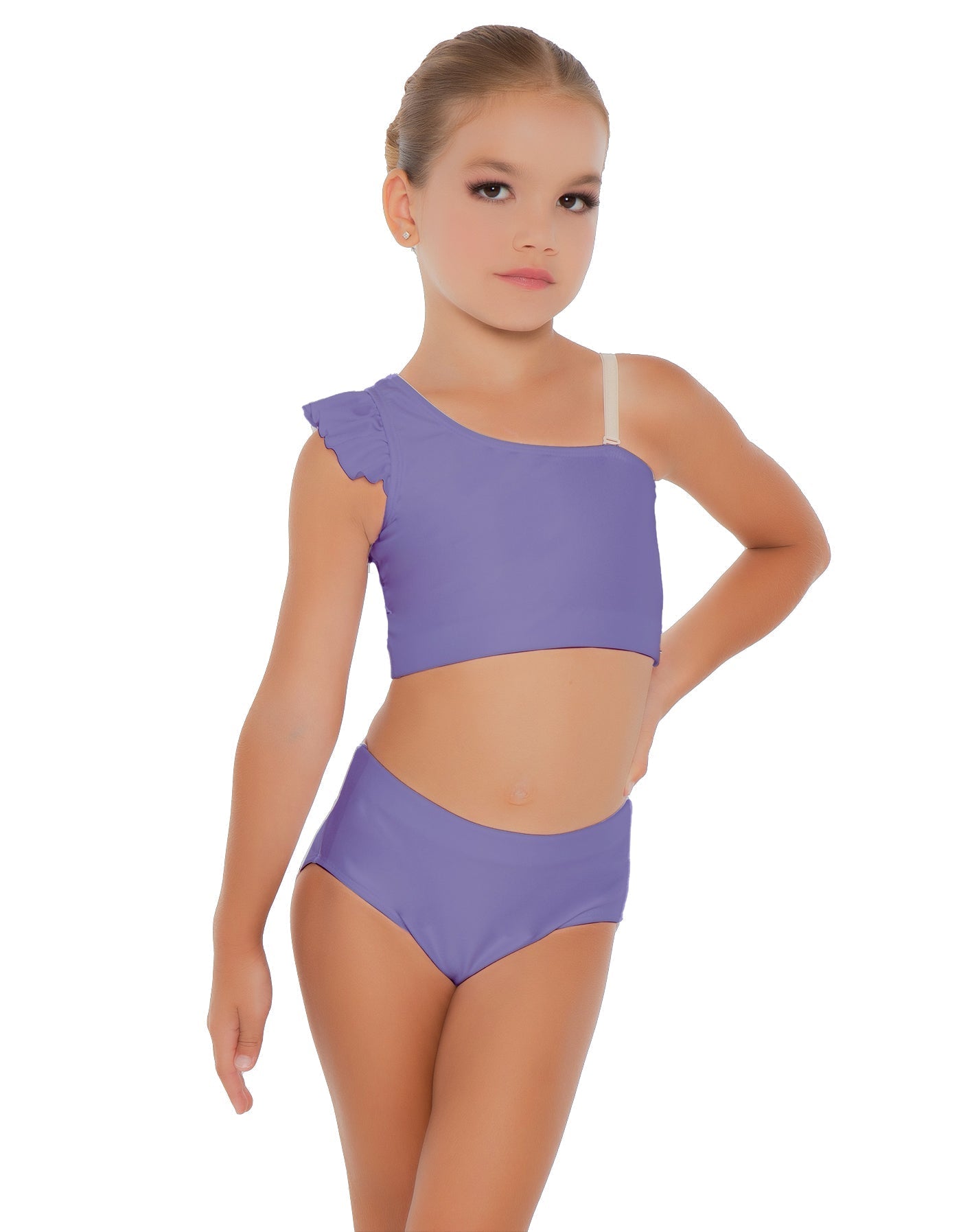 Solid Lycra One Shoulder Crop Top With Gather Sleeve