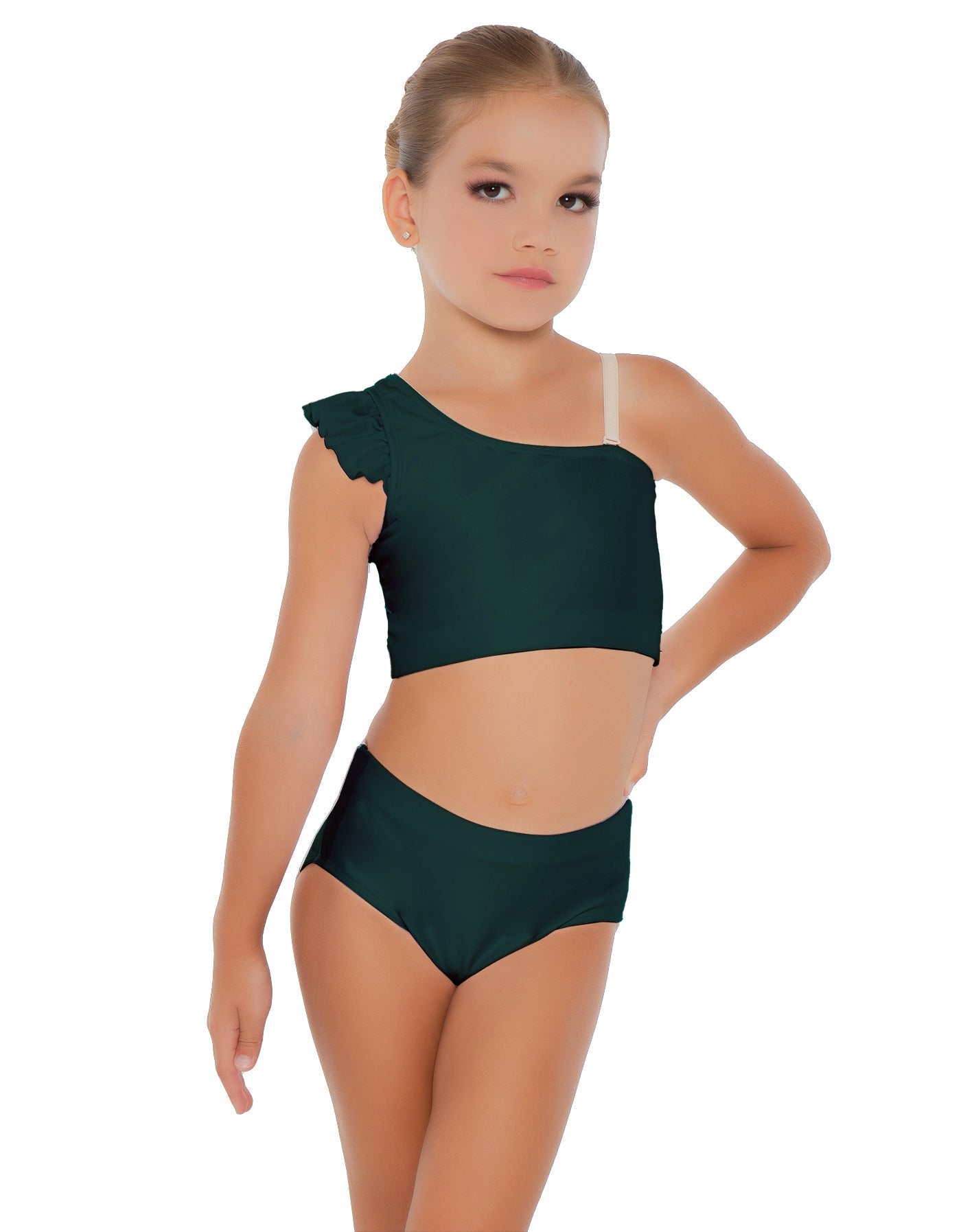 Solid Lycra One Shoulder Crop Top With Gather Sleeve
