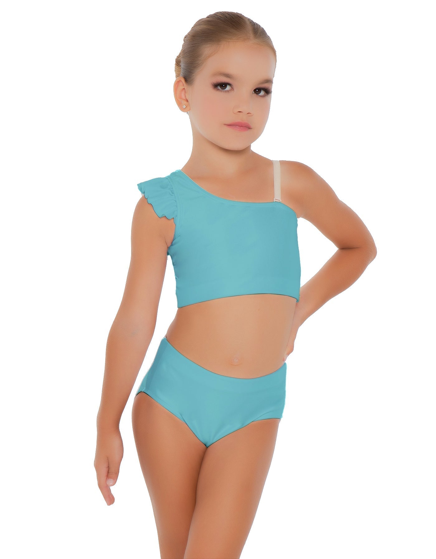 Solid Lycra One Shoulder Crop Top With Gather Sleeve