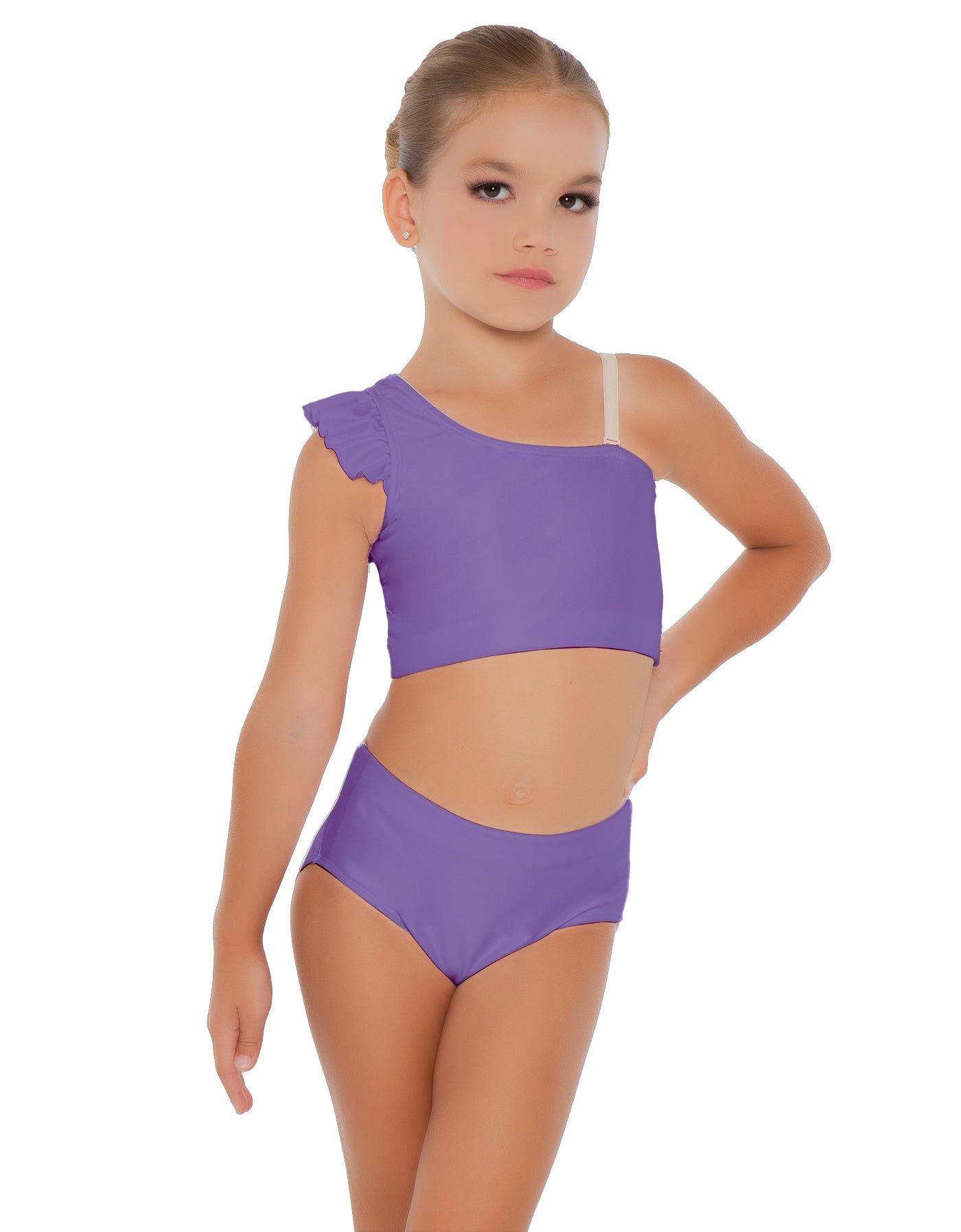Solid Lycra One Shoulder Crop Top With Gather Sleeve