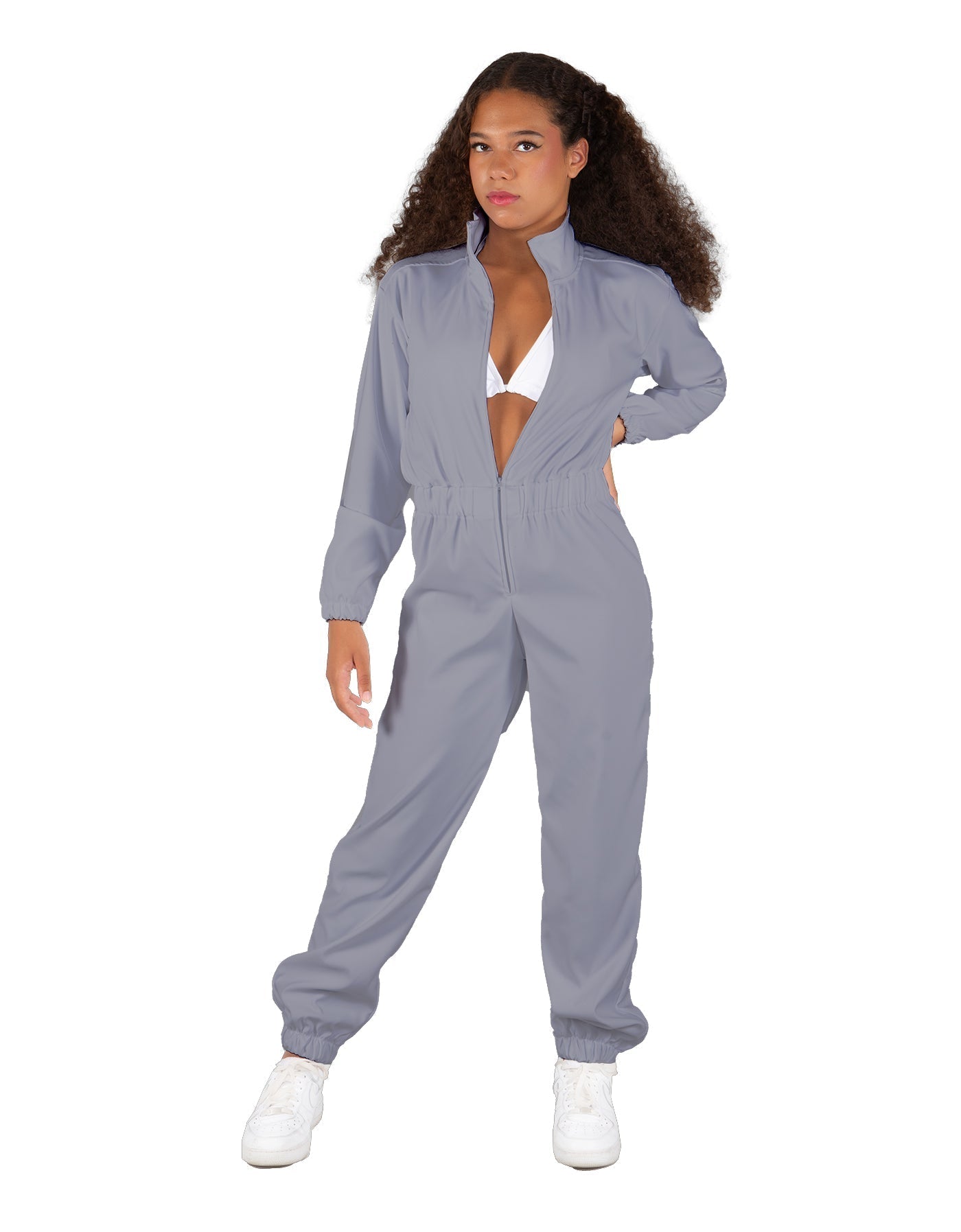 Solid Matte Satin Jumpsuit with Tall Collar