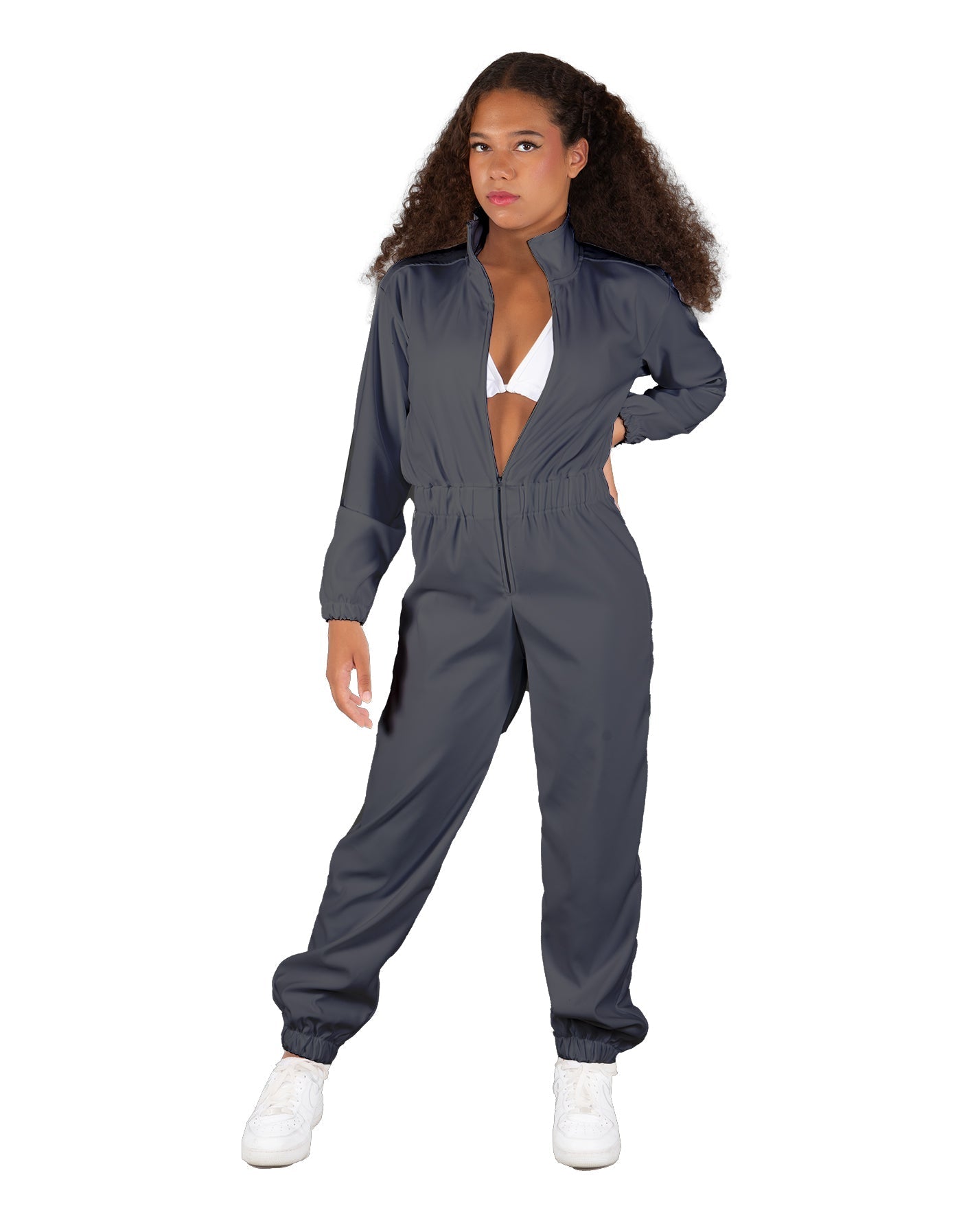 Solid Matte Satin Jumpsuit with Tall Collar